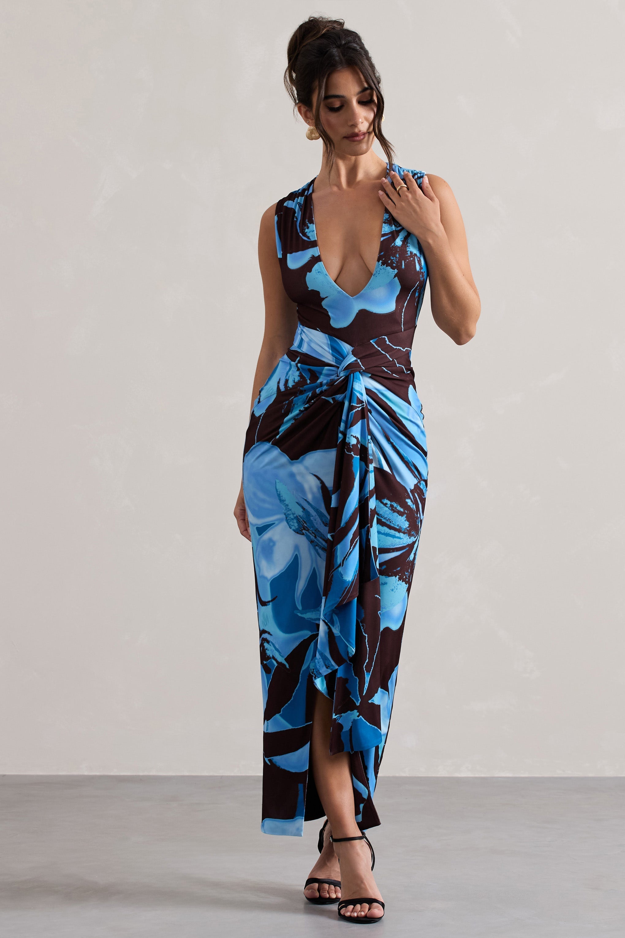 Santana Floral Print Plunge-Neck Split Maxi Dress With Knot Detail