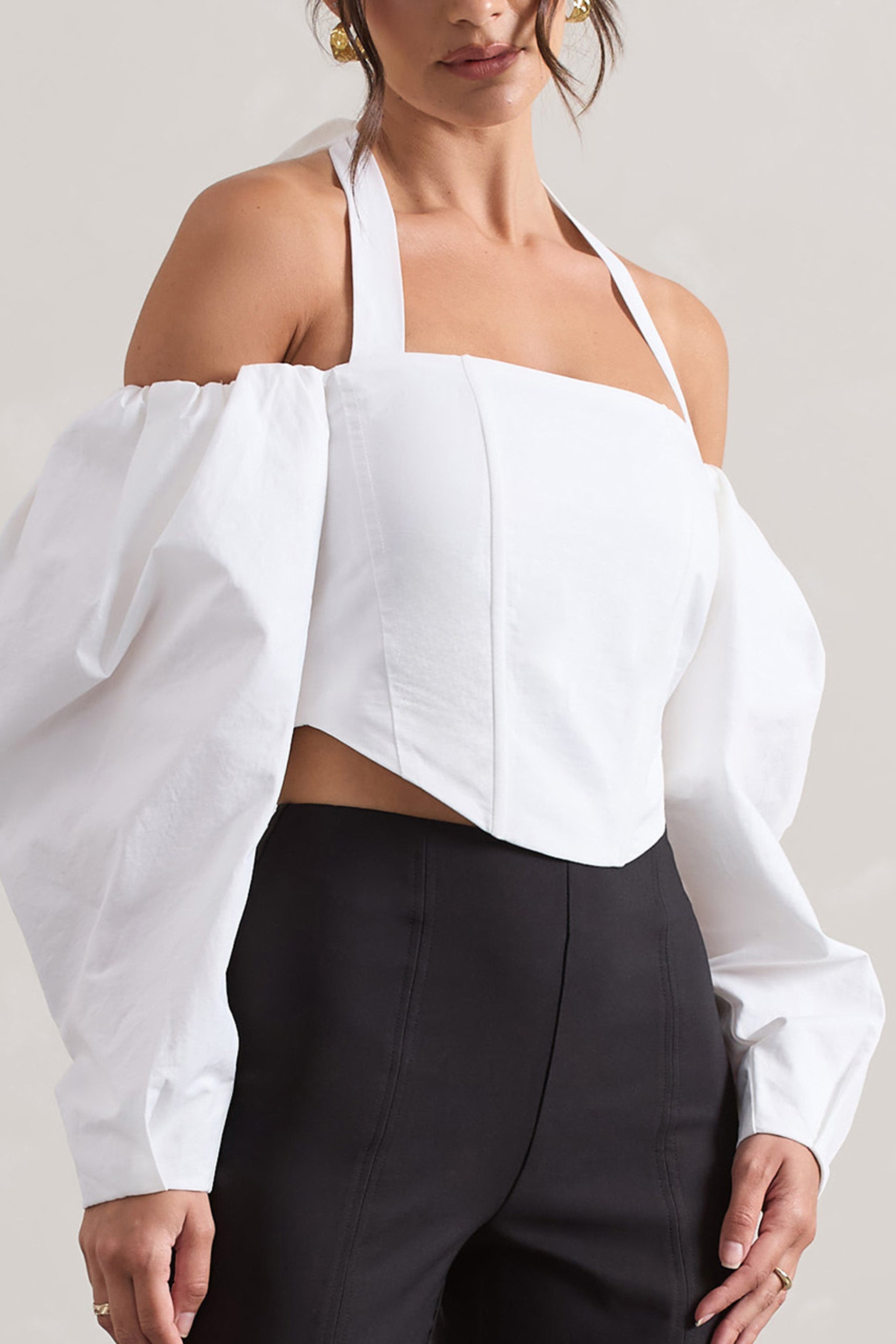 Theatric Ivory Halter-Neck Corset Top With Puff-Sleeves