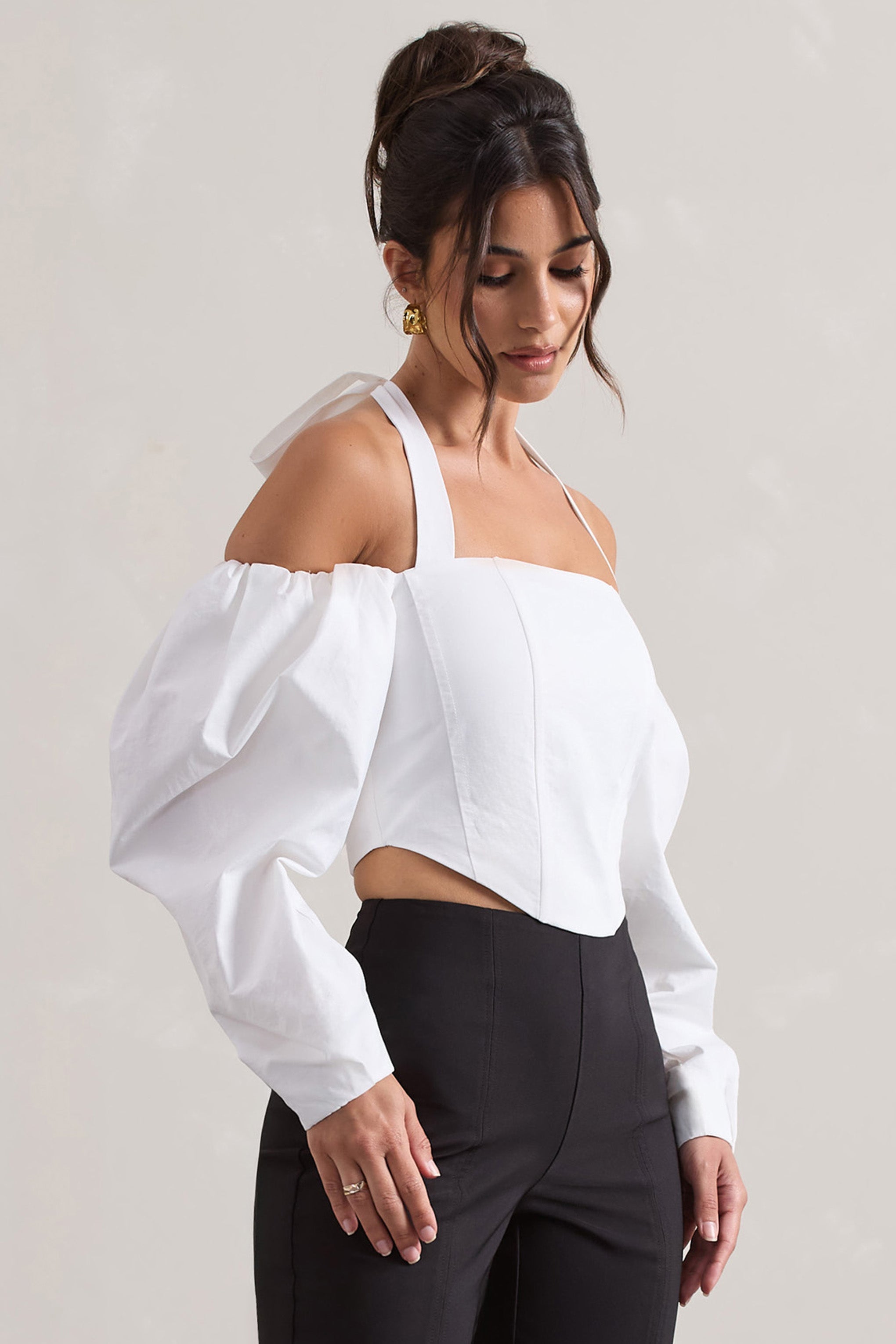 Theatric Ivory Halter-Neck Corset Top With Puff-Sleeves