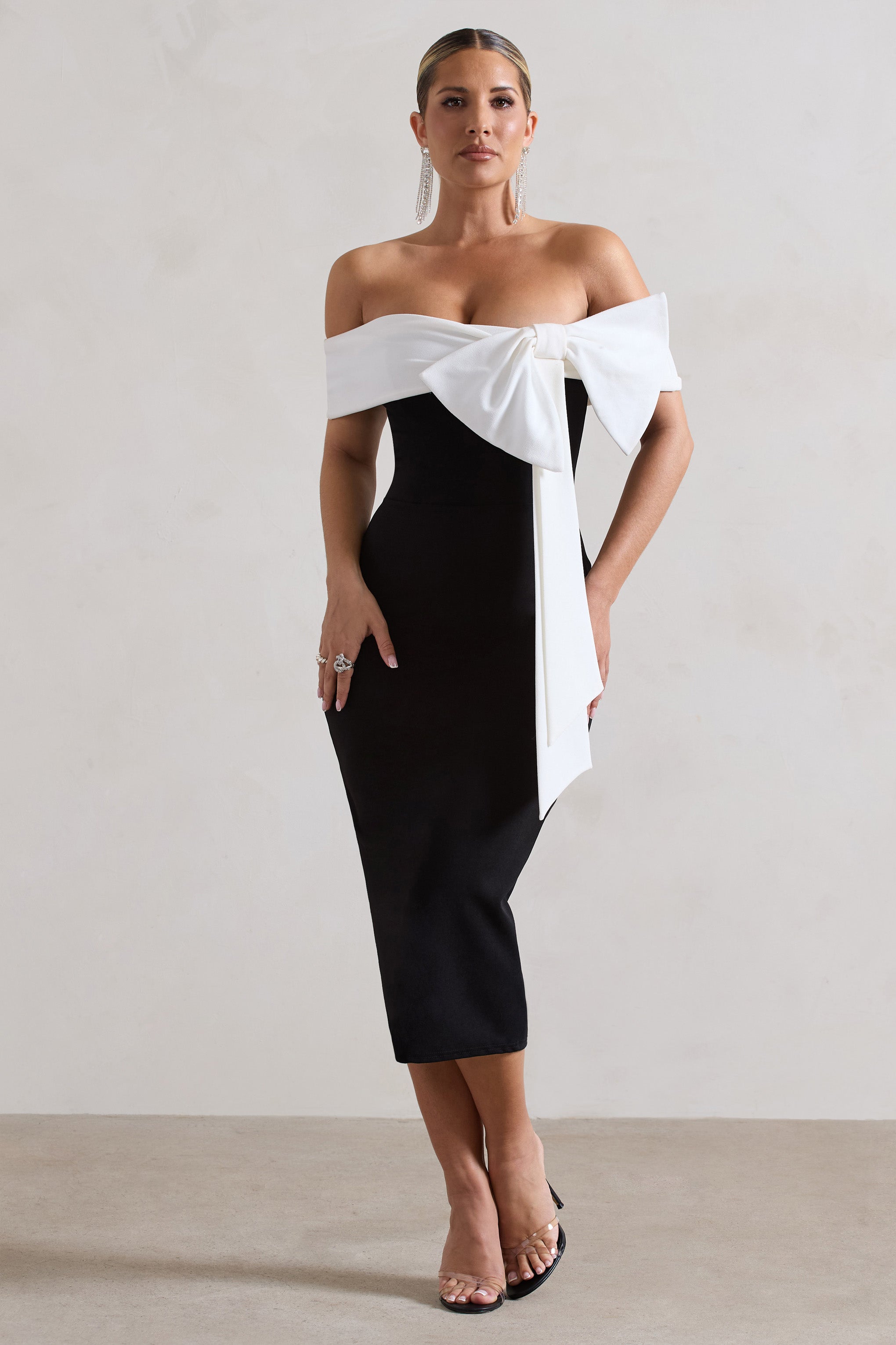 You Wish Black Bodycon Bandeau Midi Dress With Oversized White Bow