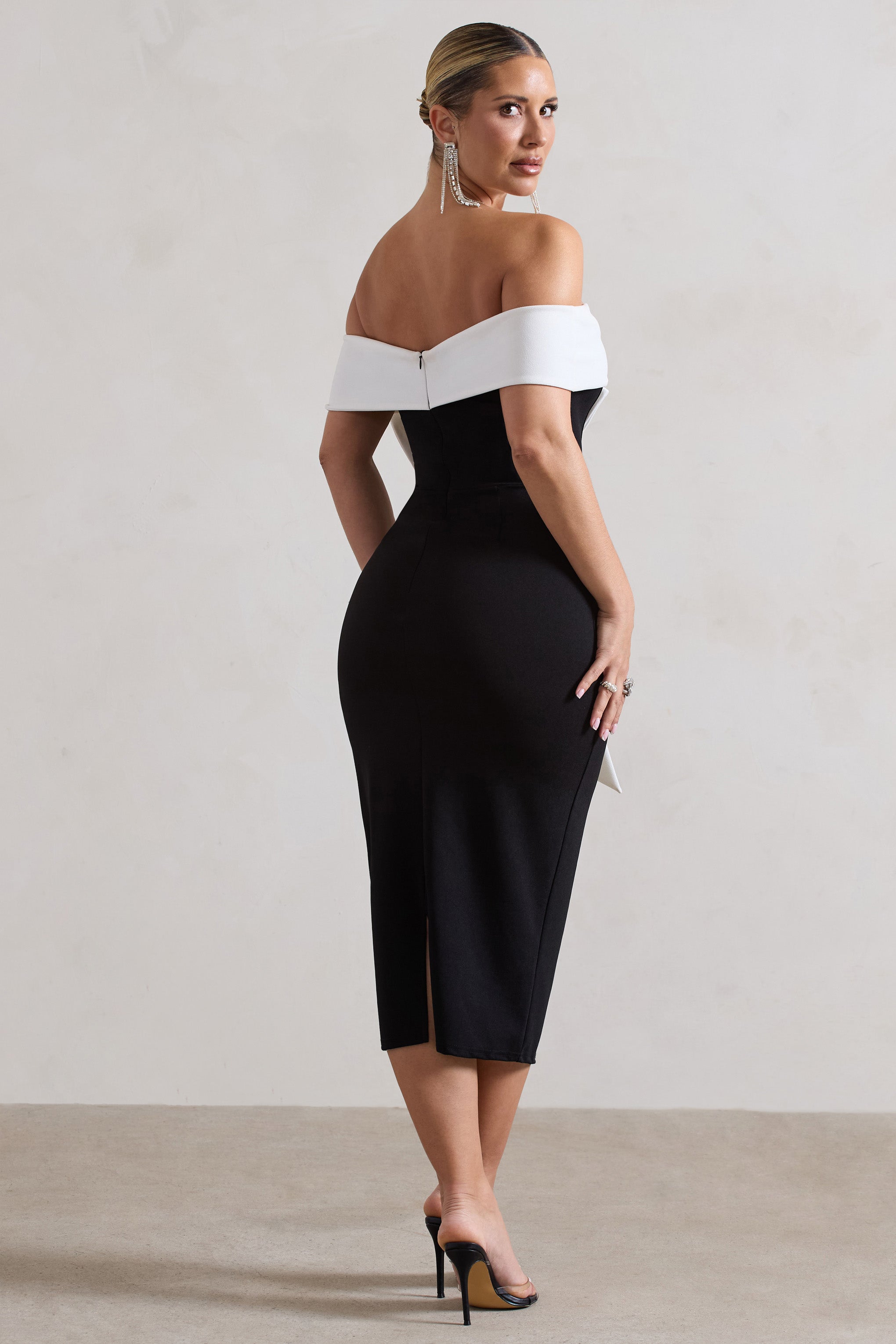 You Wish Black Bodycon Bandeau Midi Dress With Oversized White Bow