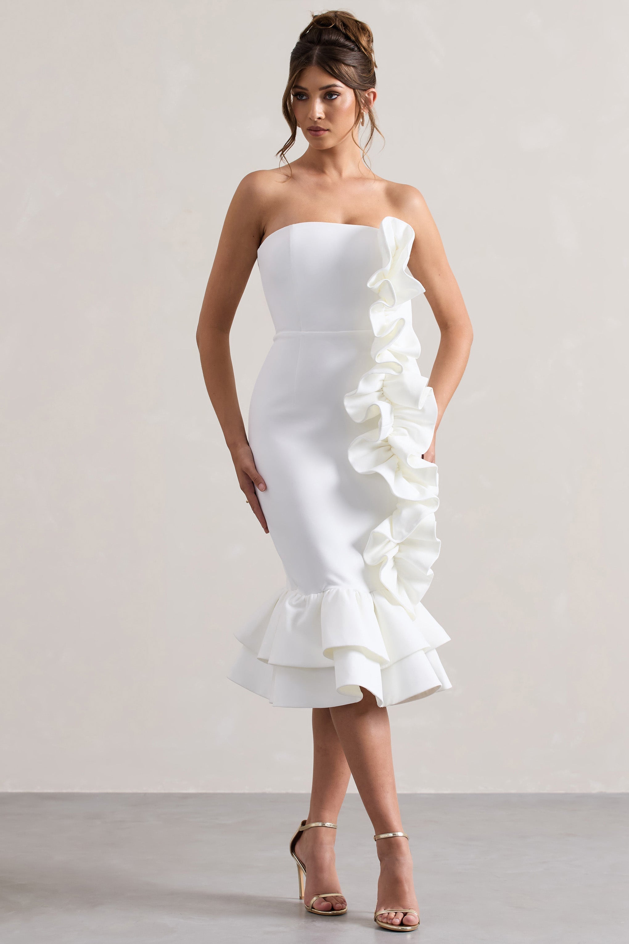 Concept Cream Bandeau Ruffle Midi Dress