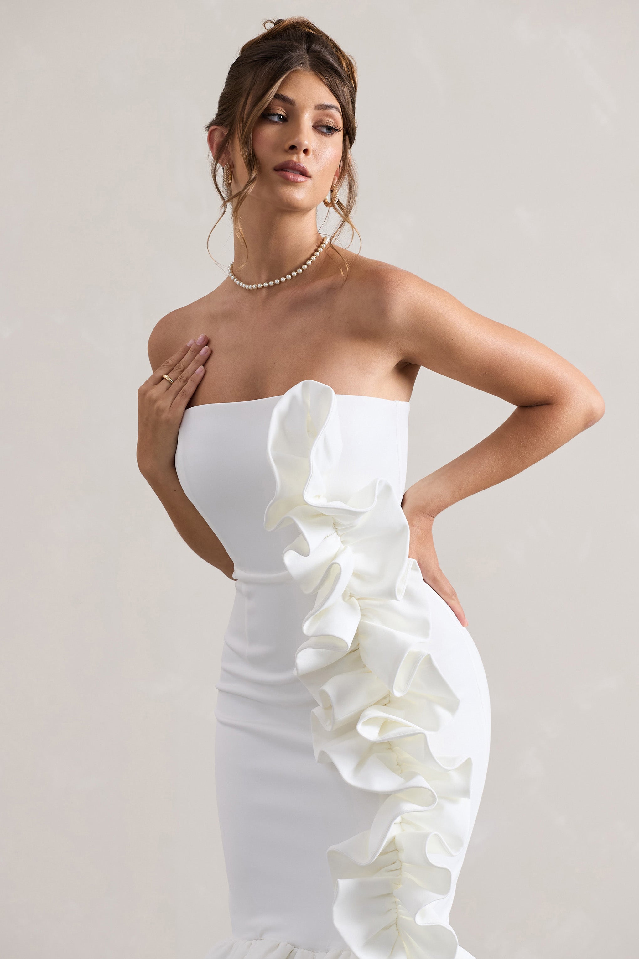 Concept Cream Bandeau Ruffle Midi Dress