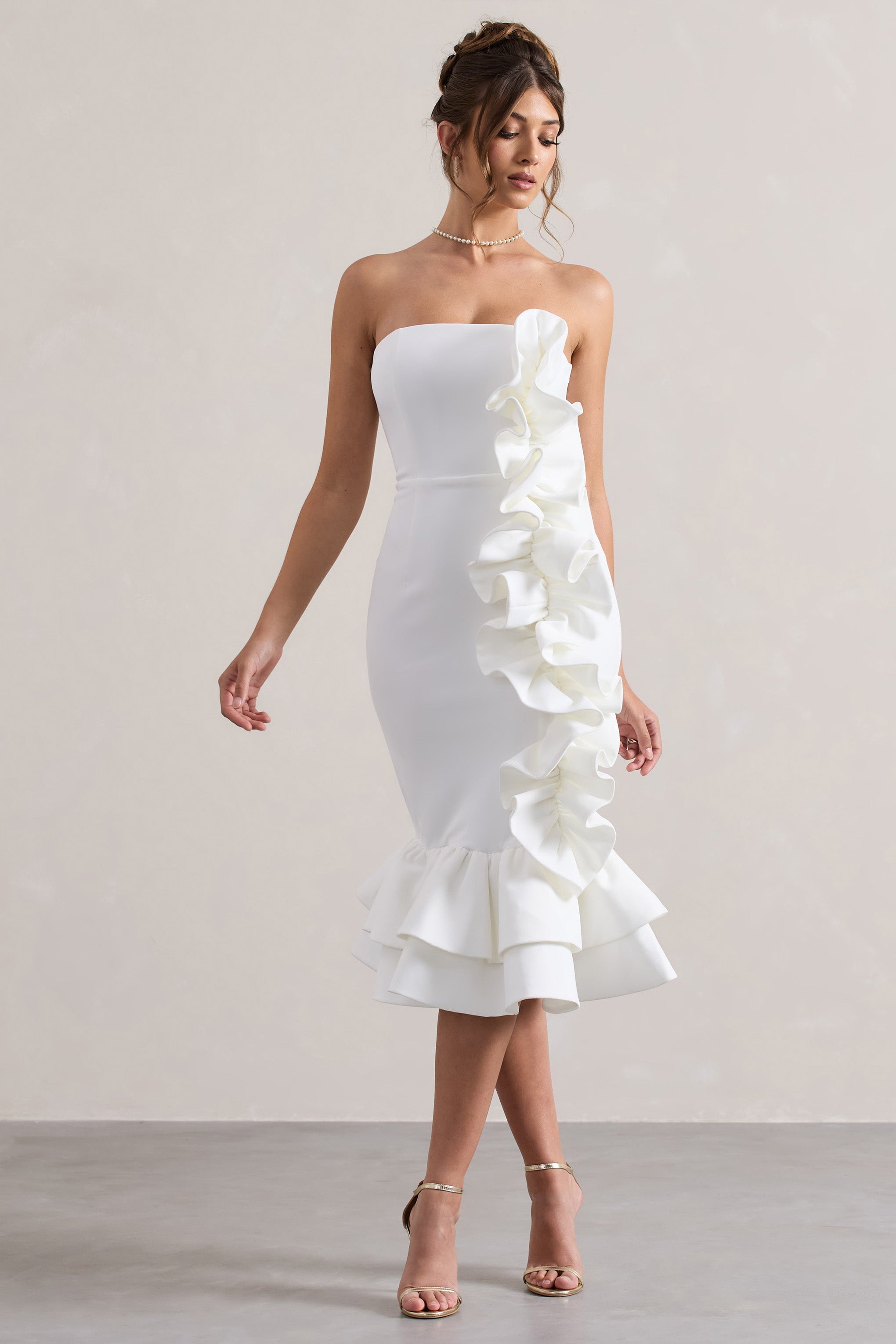 Concept Cream Bandeau Ruffle Midi Dress