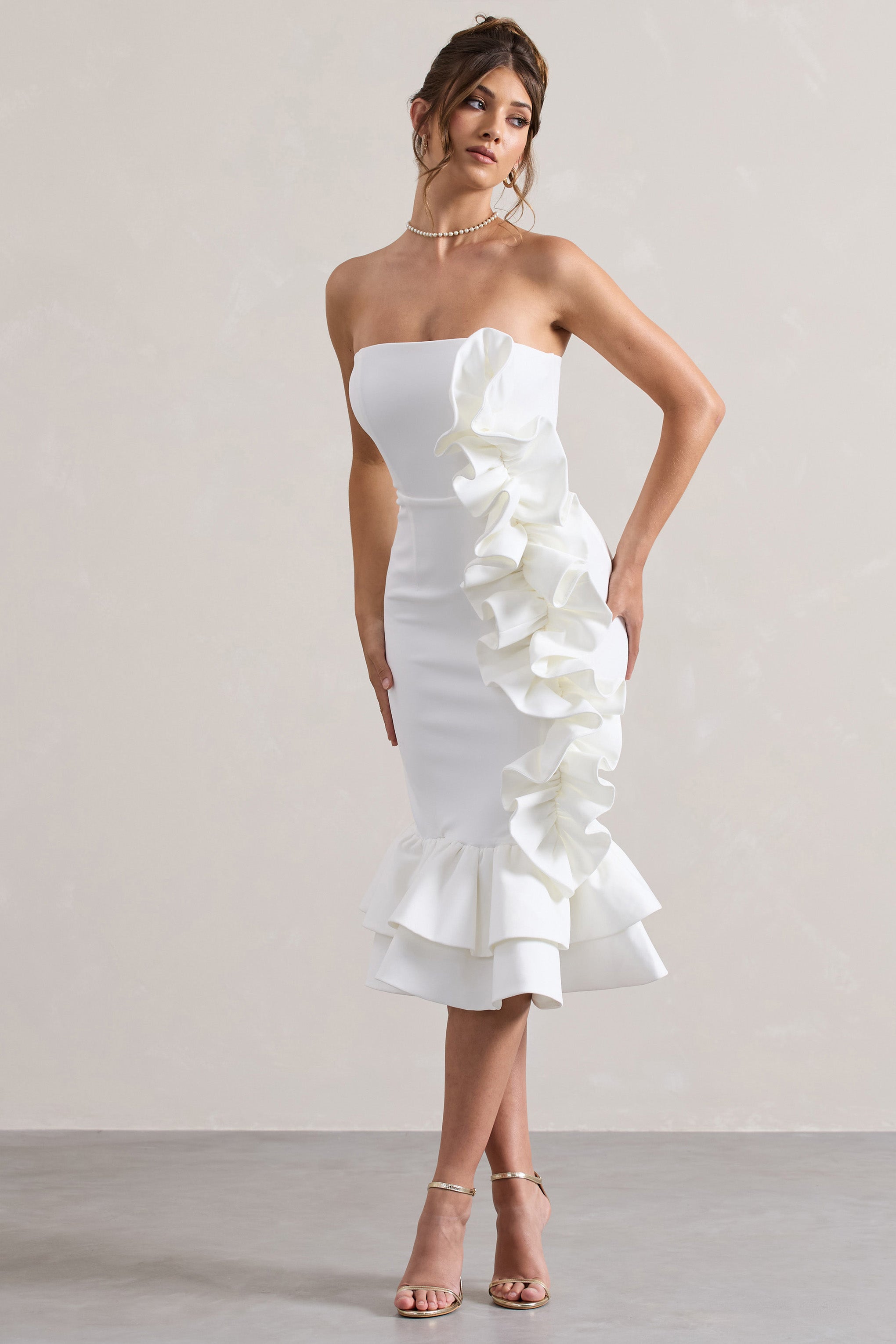 Concept Cream Bandeau Ruffle Midi Dress