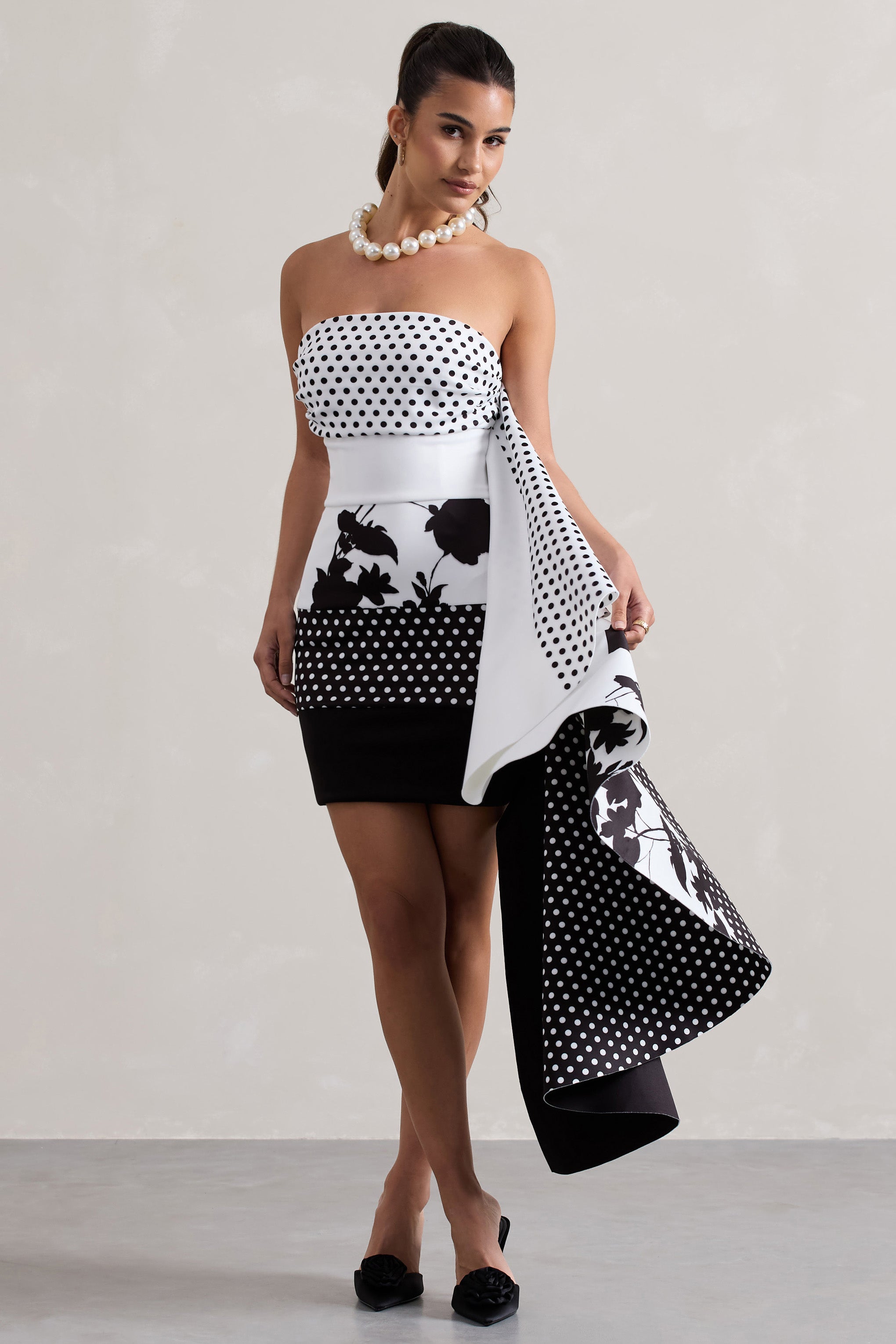 Variety Multi Print Bandeau Mini Dress With Ruffled Side Drape