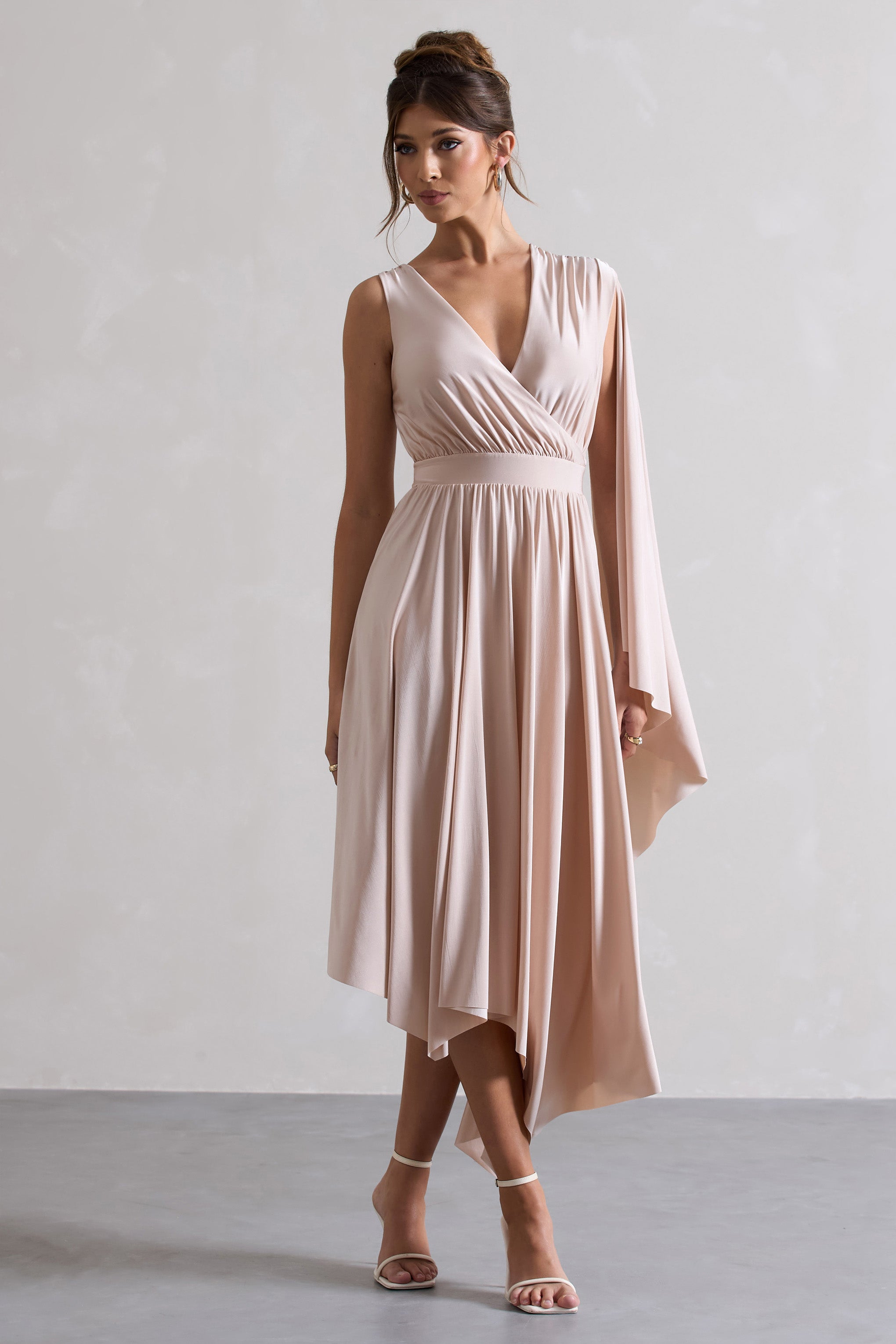 Fable Champagne Plunge-Neck Maxi Dress With Cape Sleeve