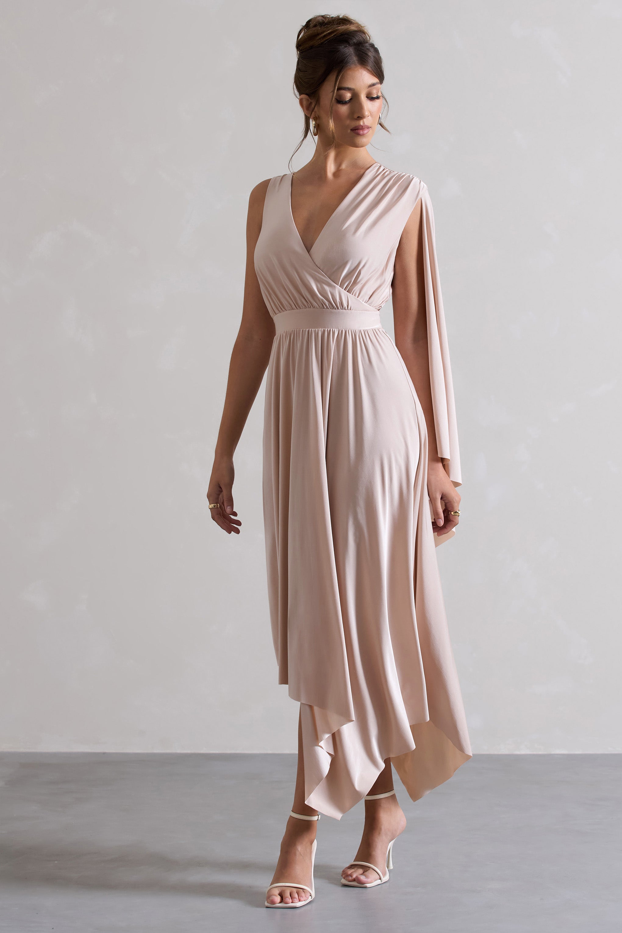 Fable Champagne Plunge-Neck Maxi Dress With Cape Sleeve
