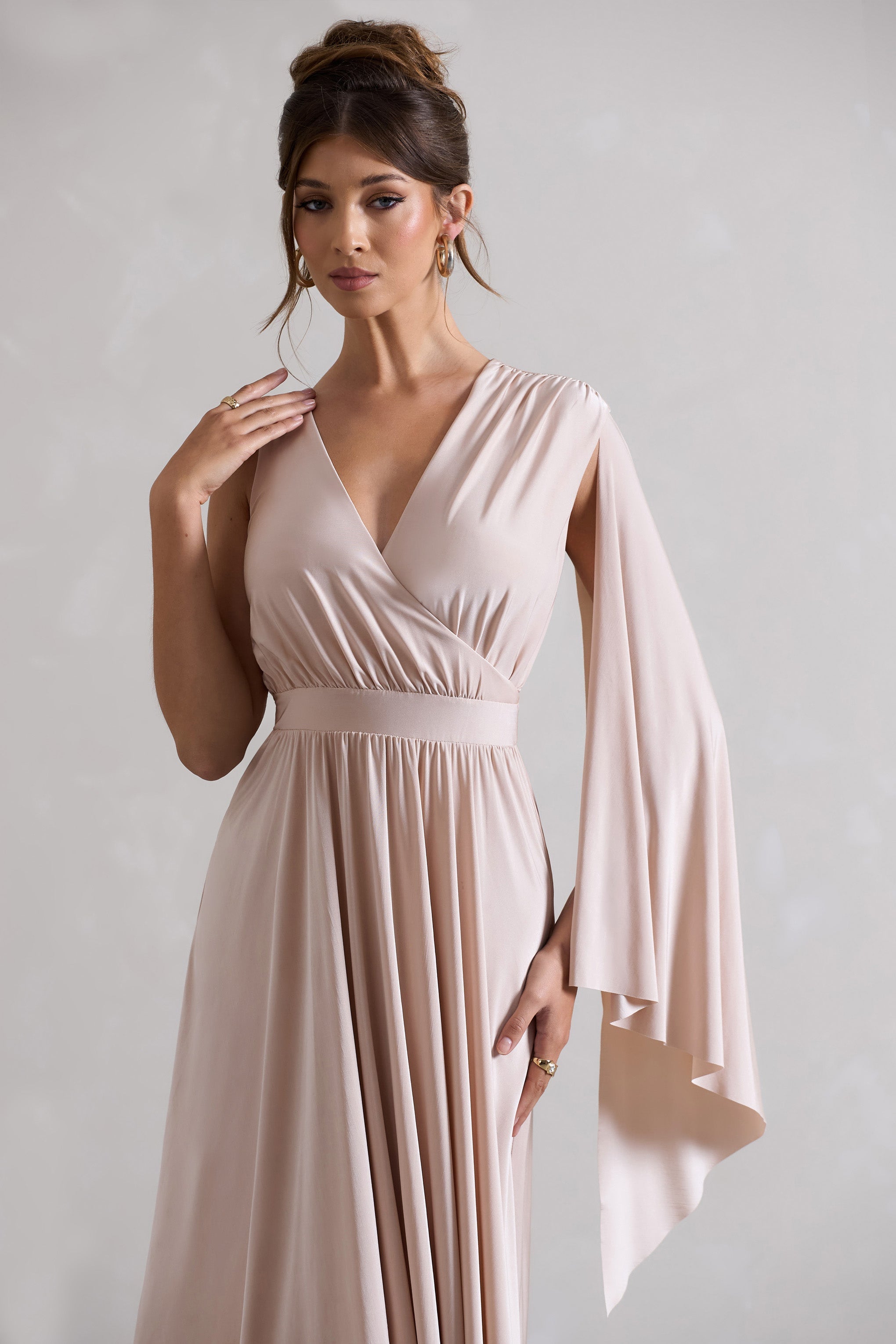 Fable Champagne Plunge-Neck Maxi Dress With Cape Sleeve