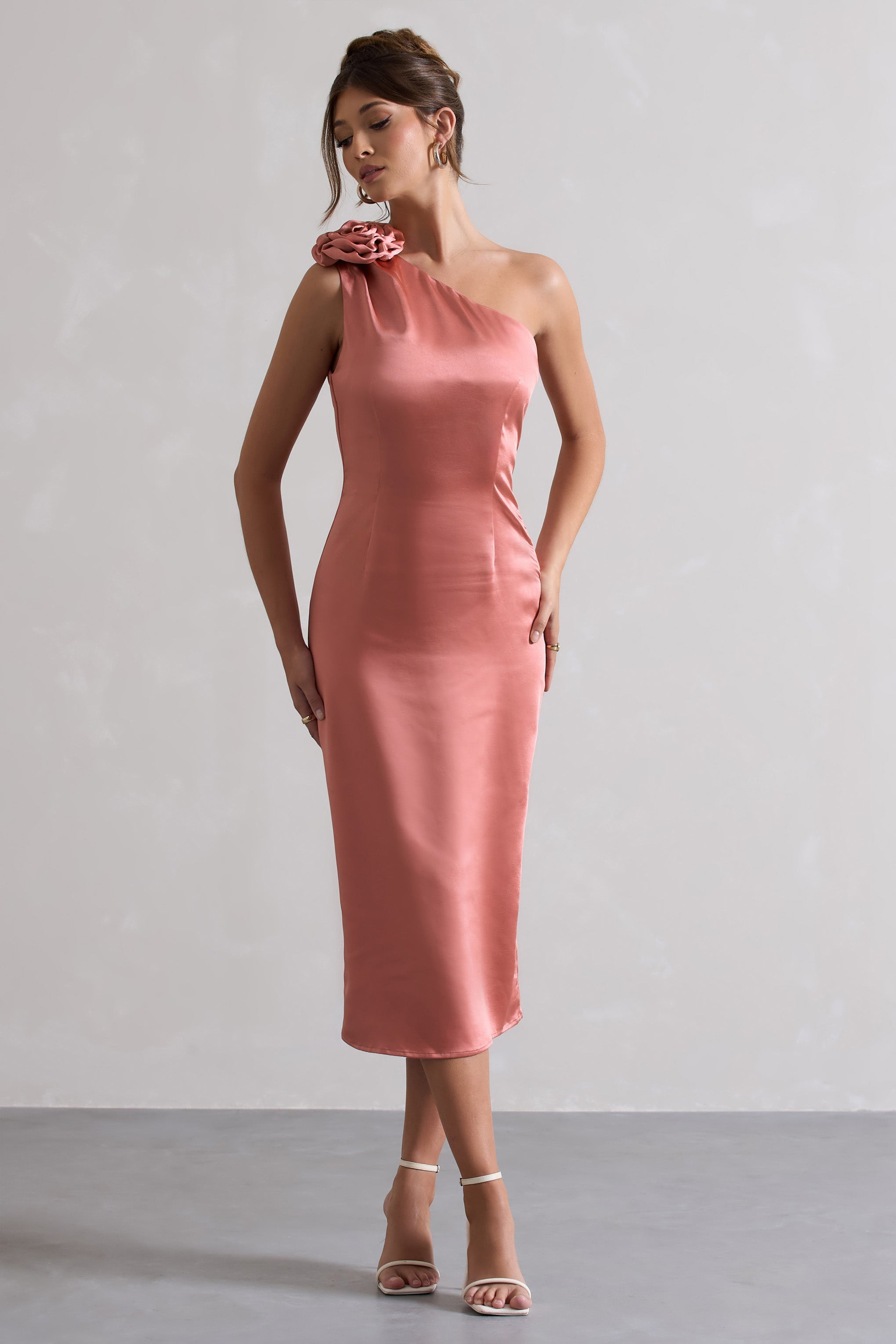 Ascot Coral Satin One Shoulder Midi Dress With Corsage