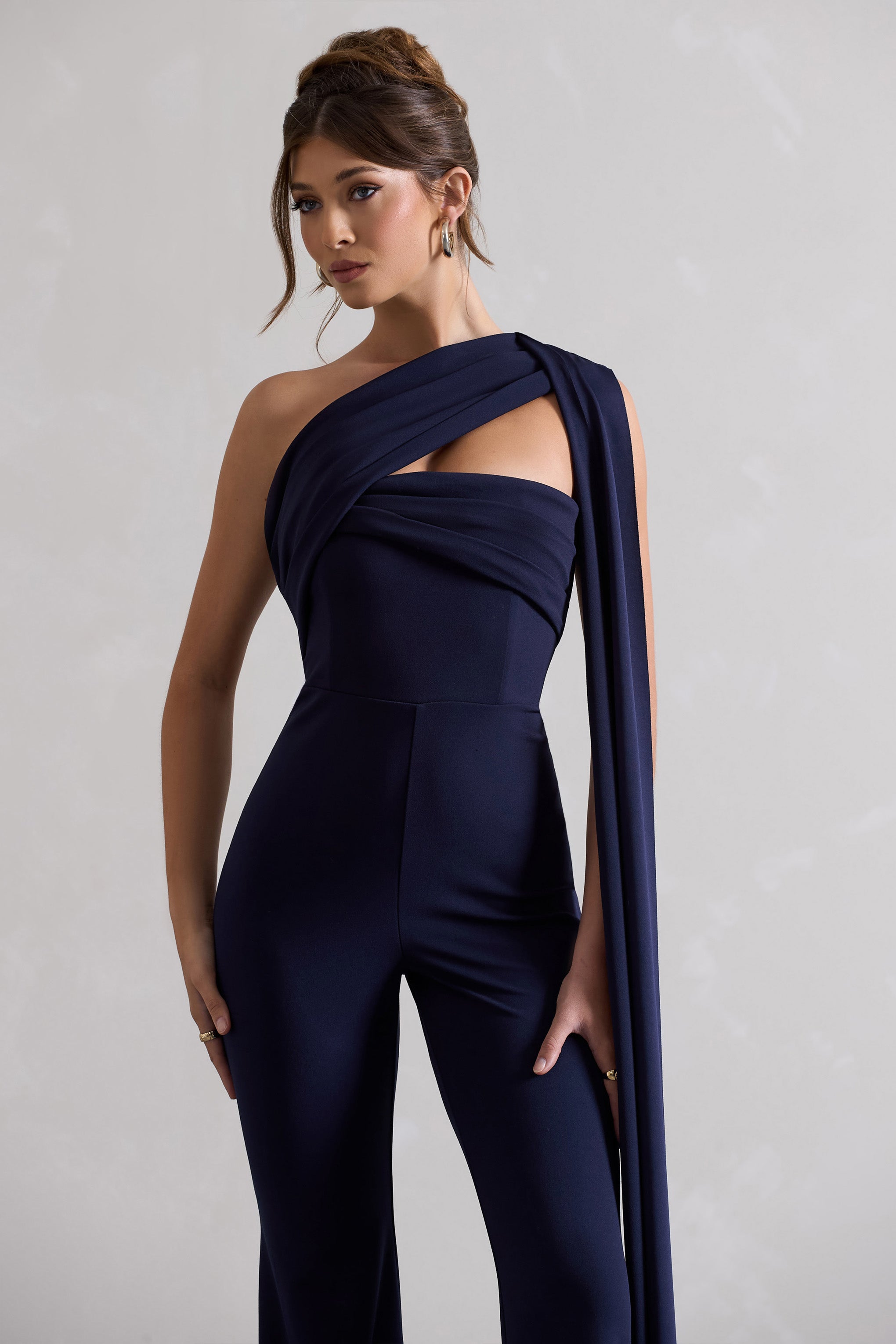 Lorah Navy One Shoulder Wide-Leg Jumpsuit With Sash