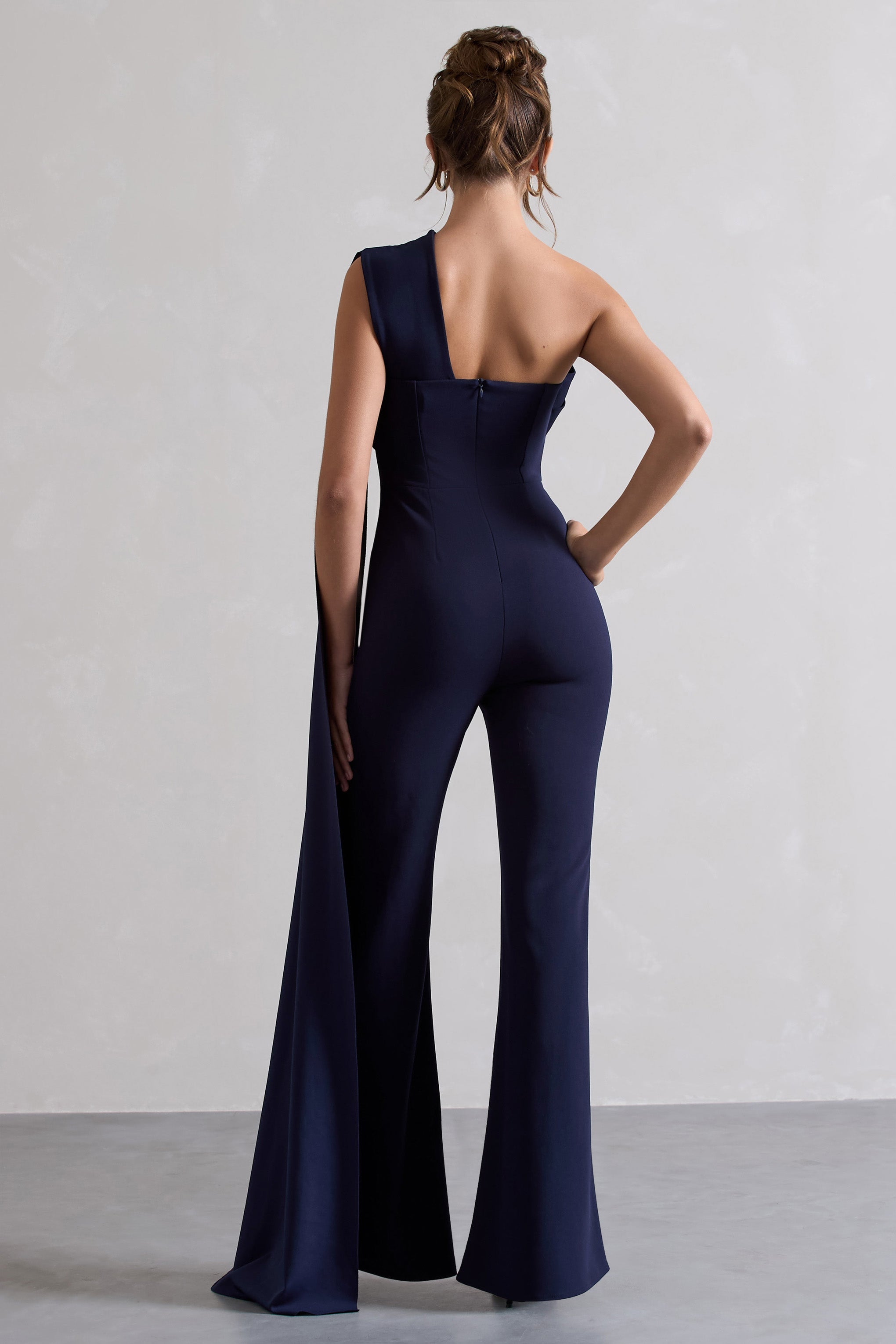 Lorah Navy One Shoulder Wide-Leg Jumpsuit With Sash