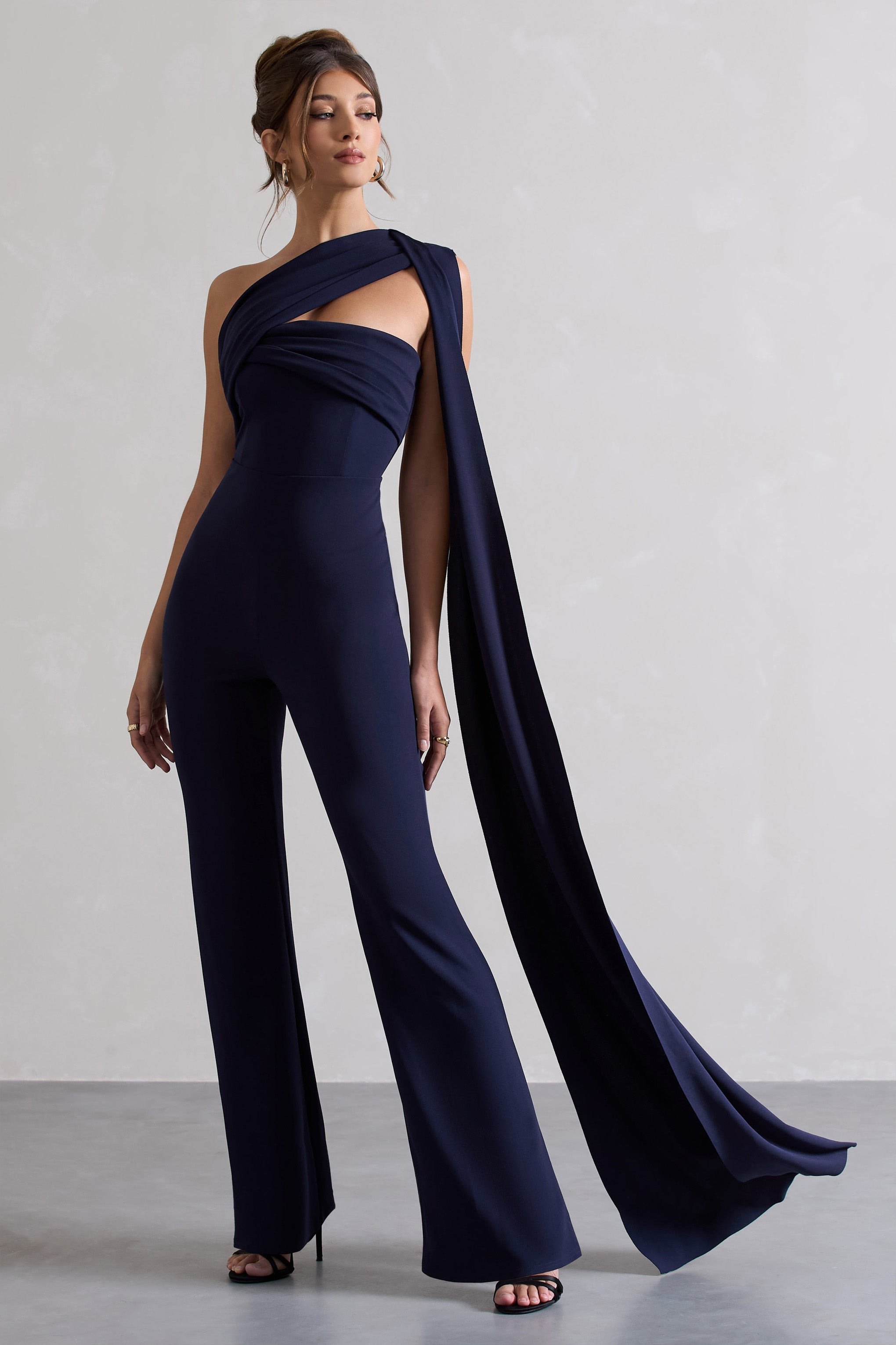 Lorah Navy One Shoulder Wide-Leg Jumpsuit With Sash