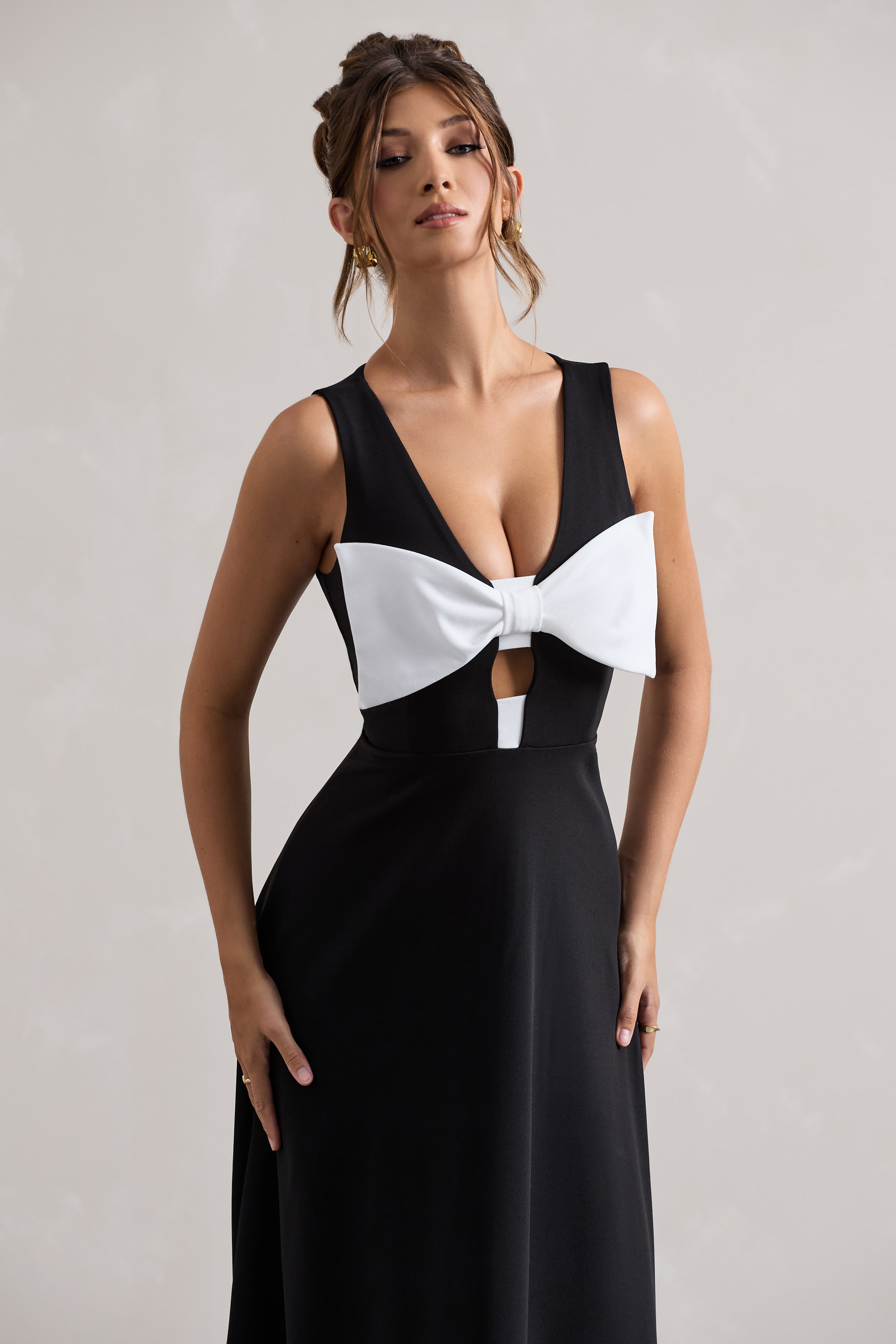 Primrose Black Plunge-Neck Midi Dress With White Bow