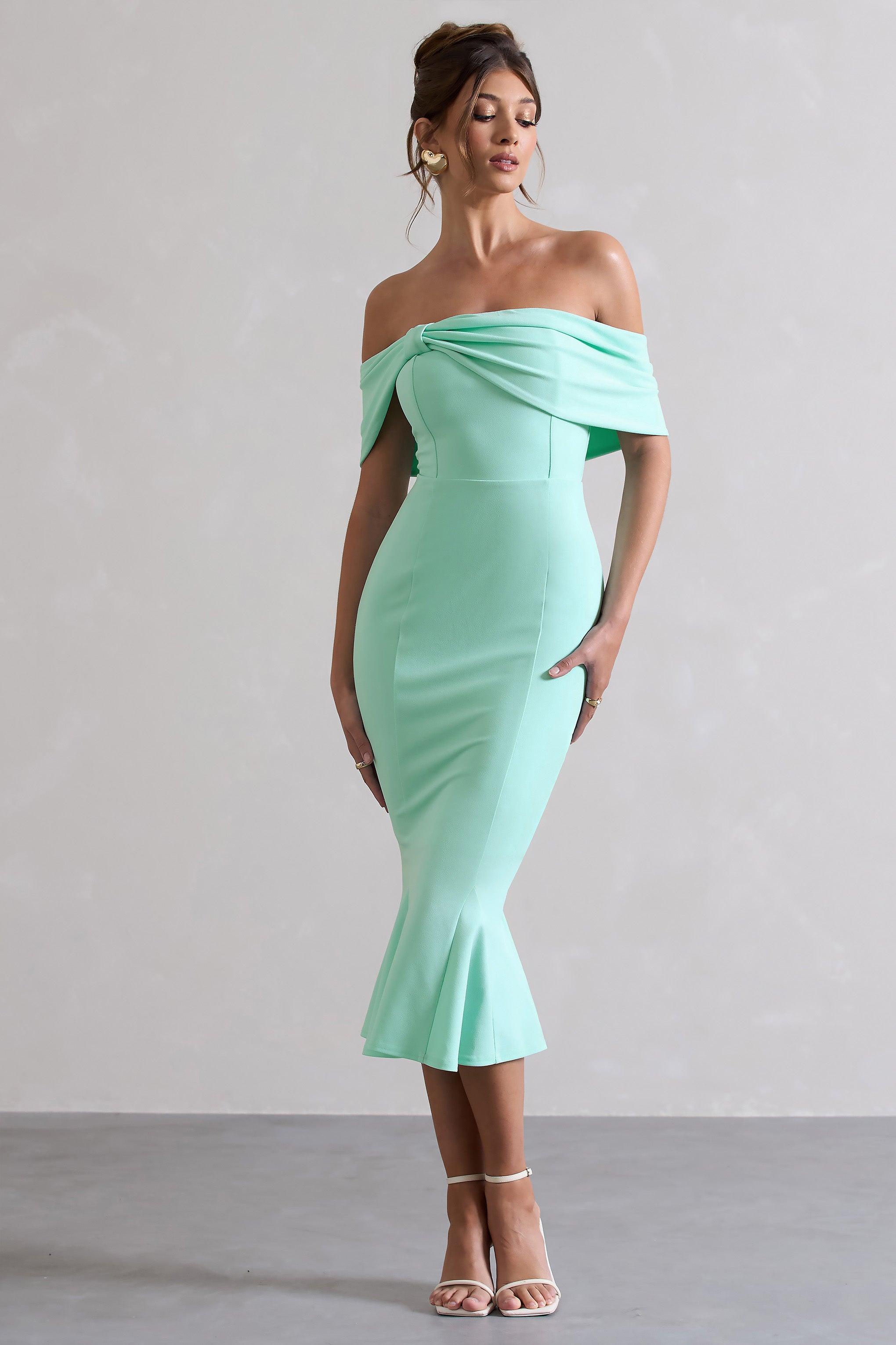 Lydia Mint Bardot Bow Detail Midi Dress