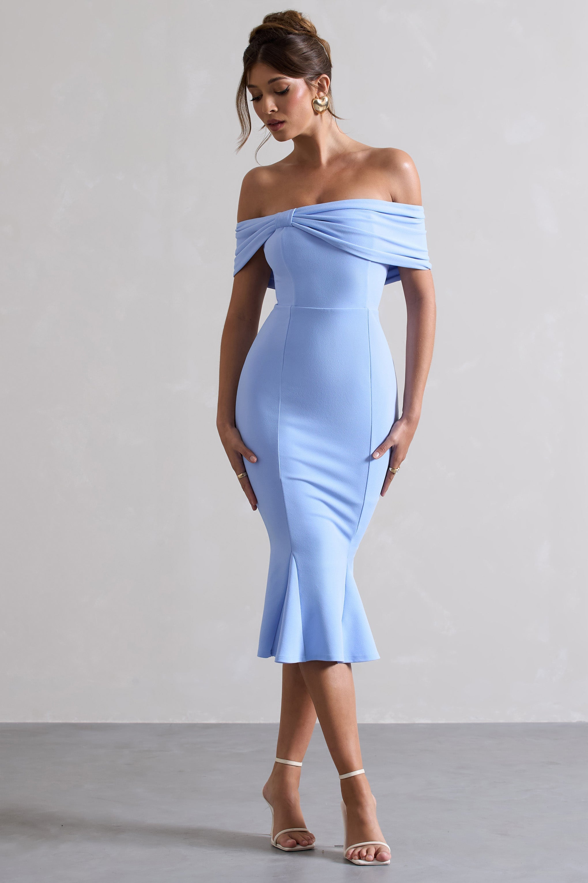 Lydia Sky Blue Bardot Bow Detail Midi Dress