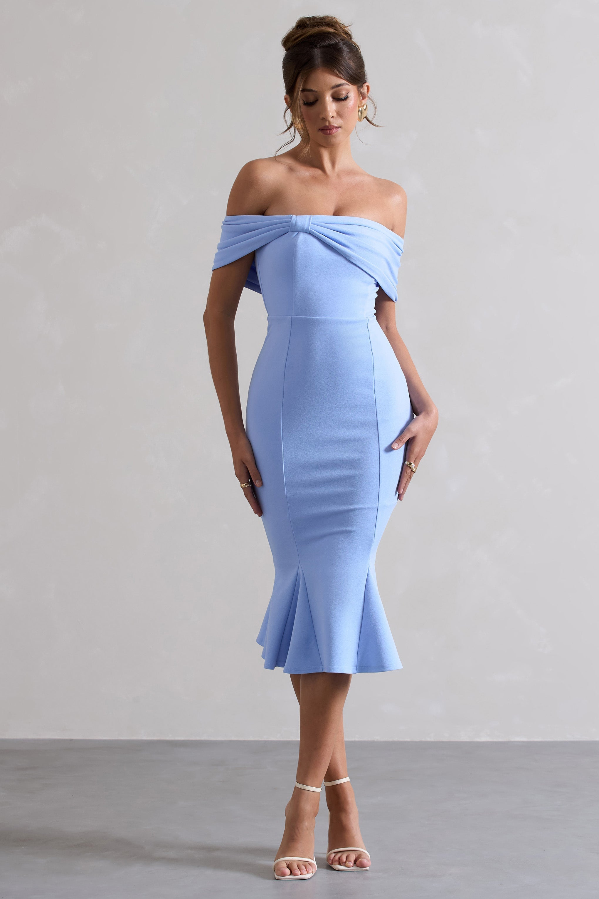 Lydia Sky Blue Bardot Bow Detail Midi Dress