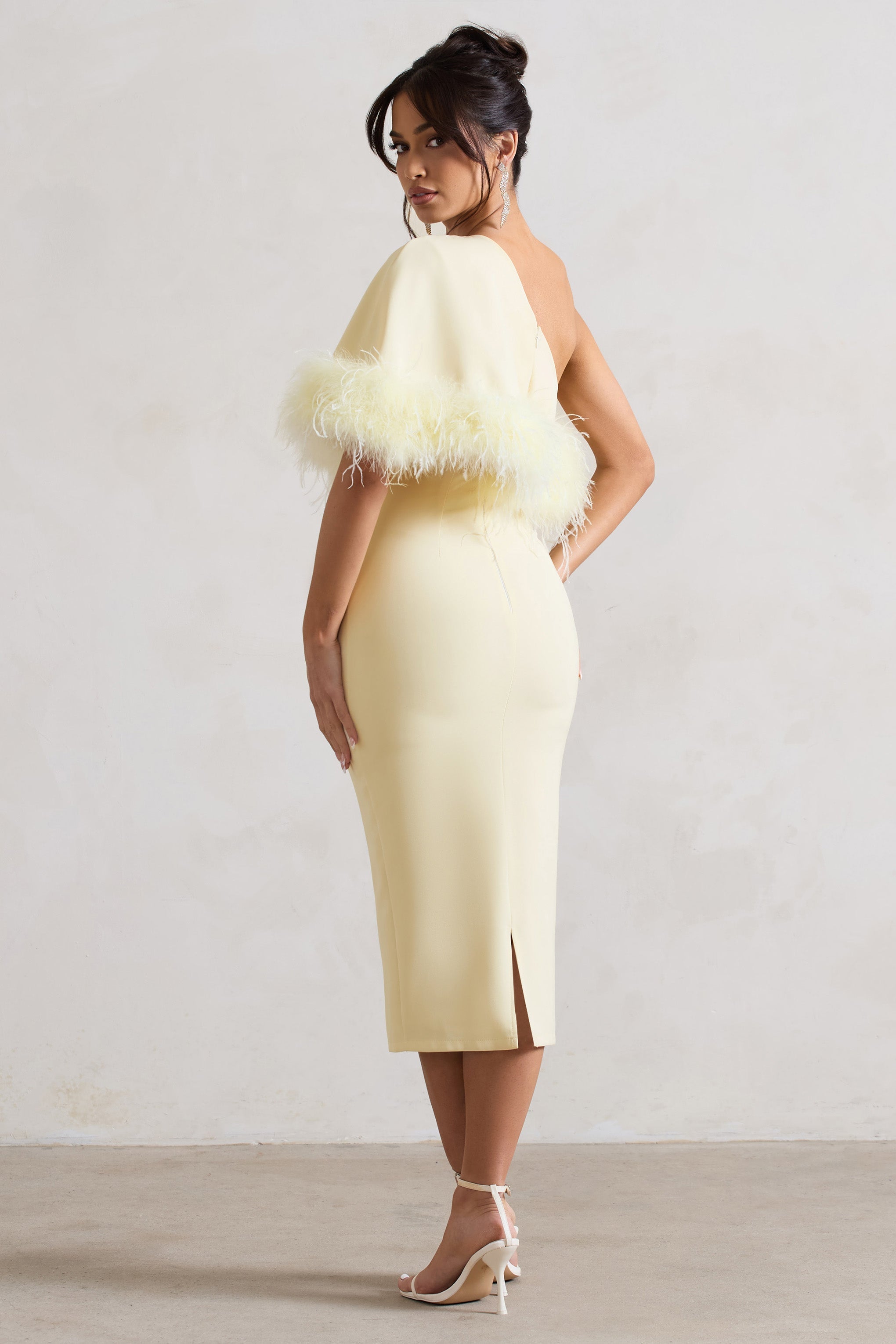 Victory Lemon One Shoulder Midi Dress With Feather Trim