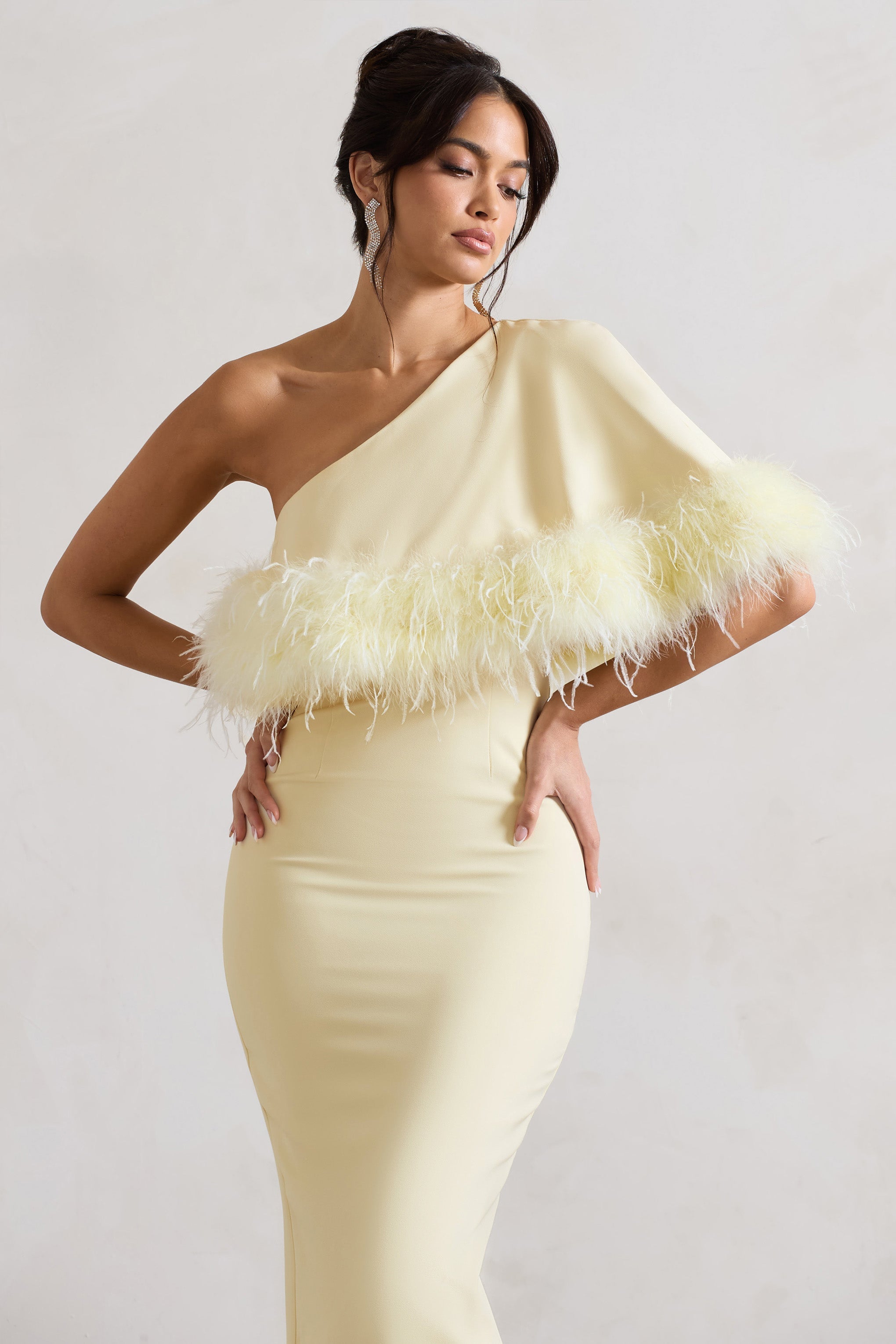 Victory Lemon One Shoulder Midi Dress With Feather Trim