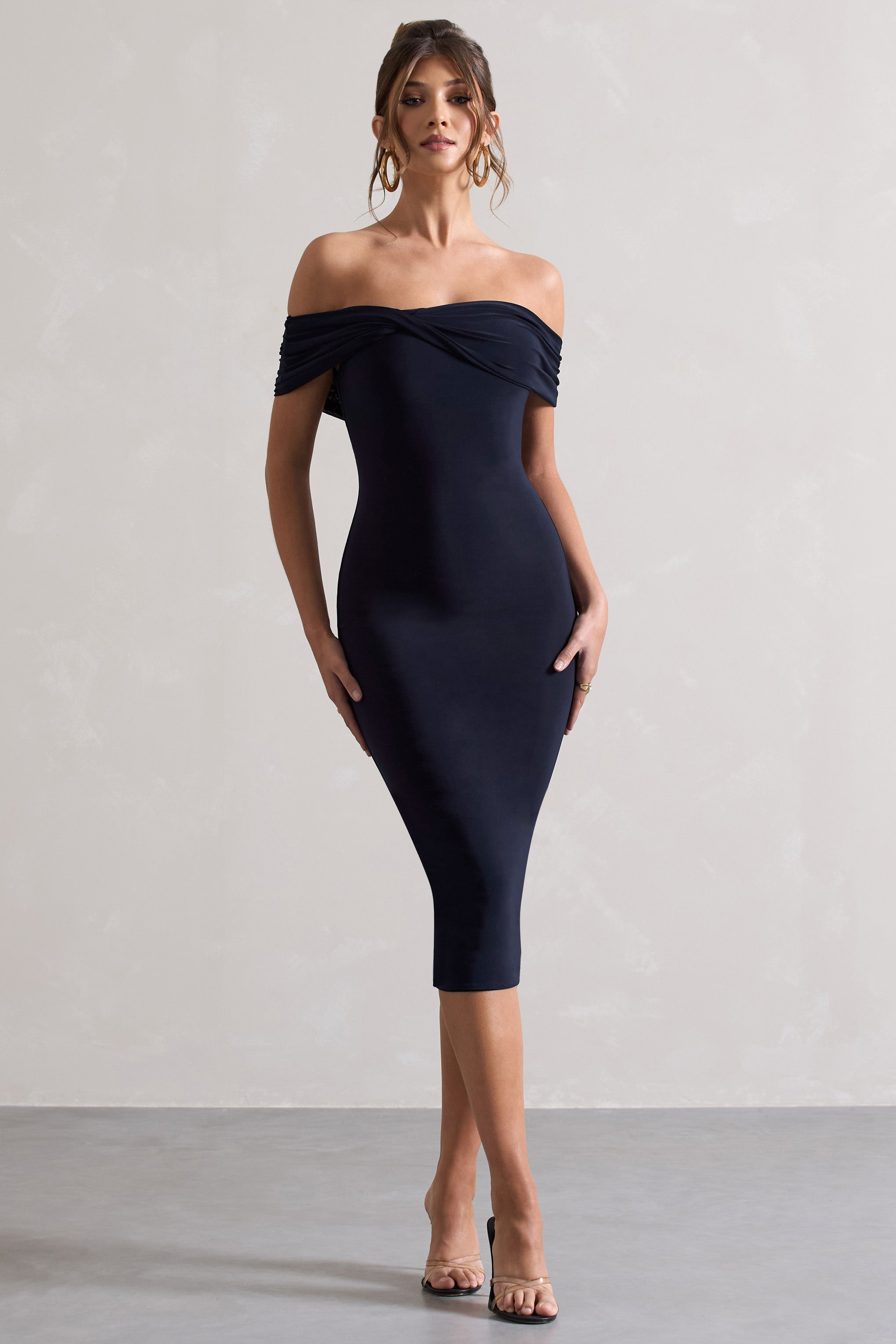 Keely Navy Bodycon Twisted Bardot Midi Dress