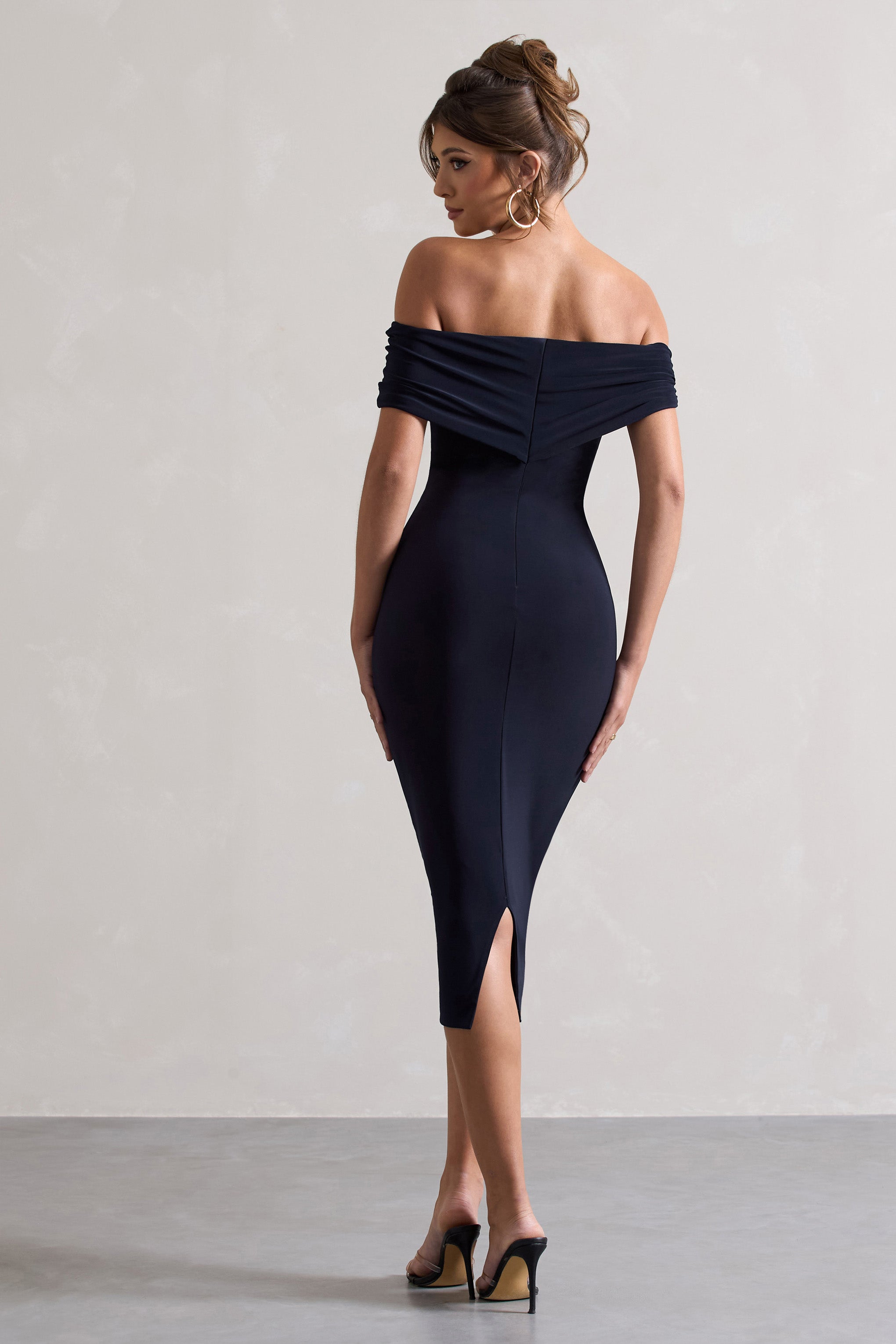 Keely Navy Bodycon Twisted Bardot Midi Dress