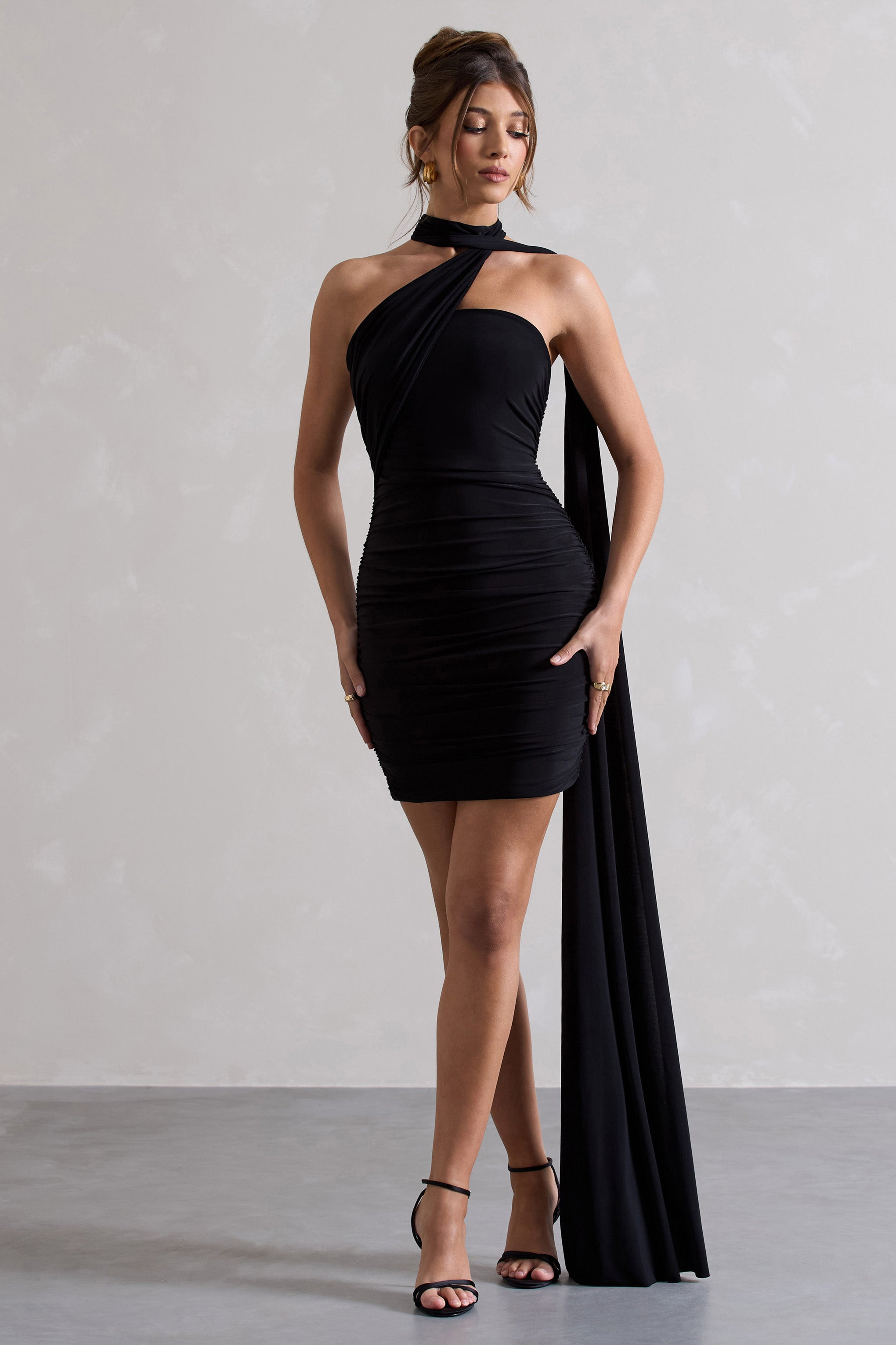 Abel Black Ruched One Shoulder Mini Dress With Scarf