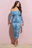 Over Love Blue Porcelain Print Bardot Midi Dress