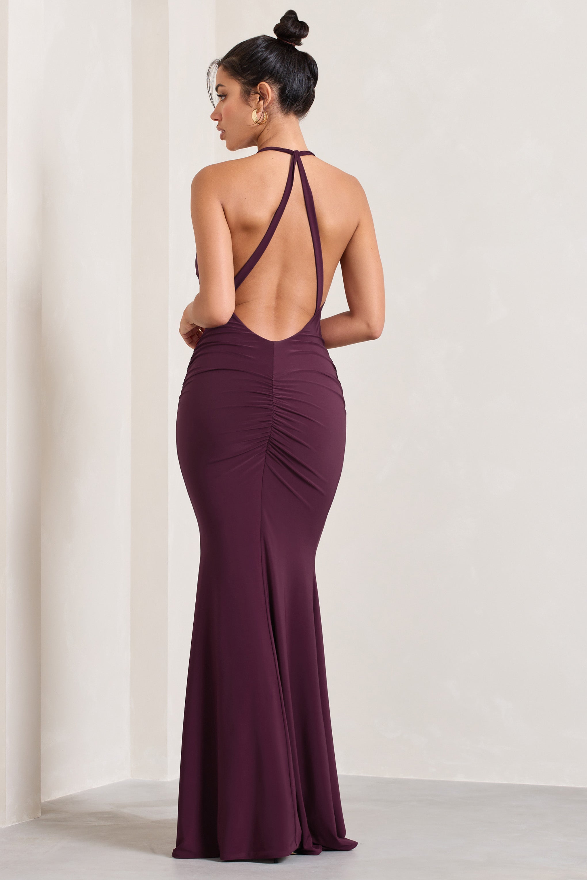 Idol Burgundy Halter-Neck Split Maxi Dress