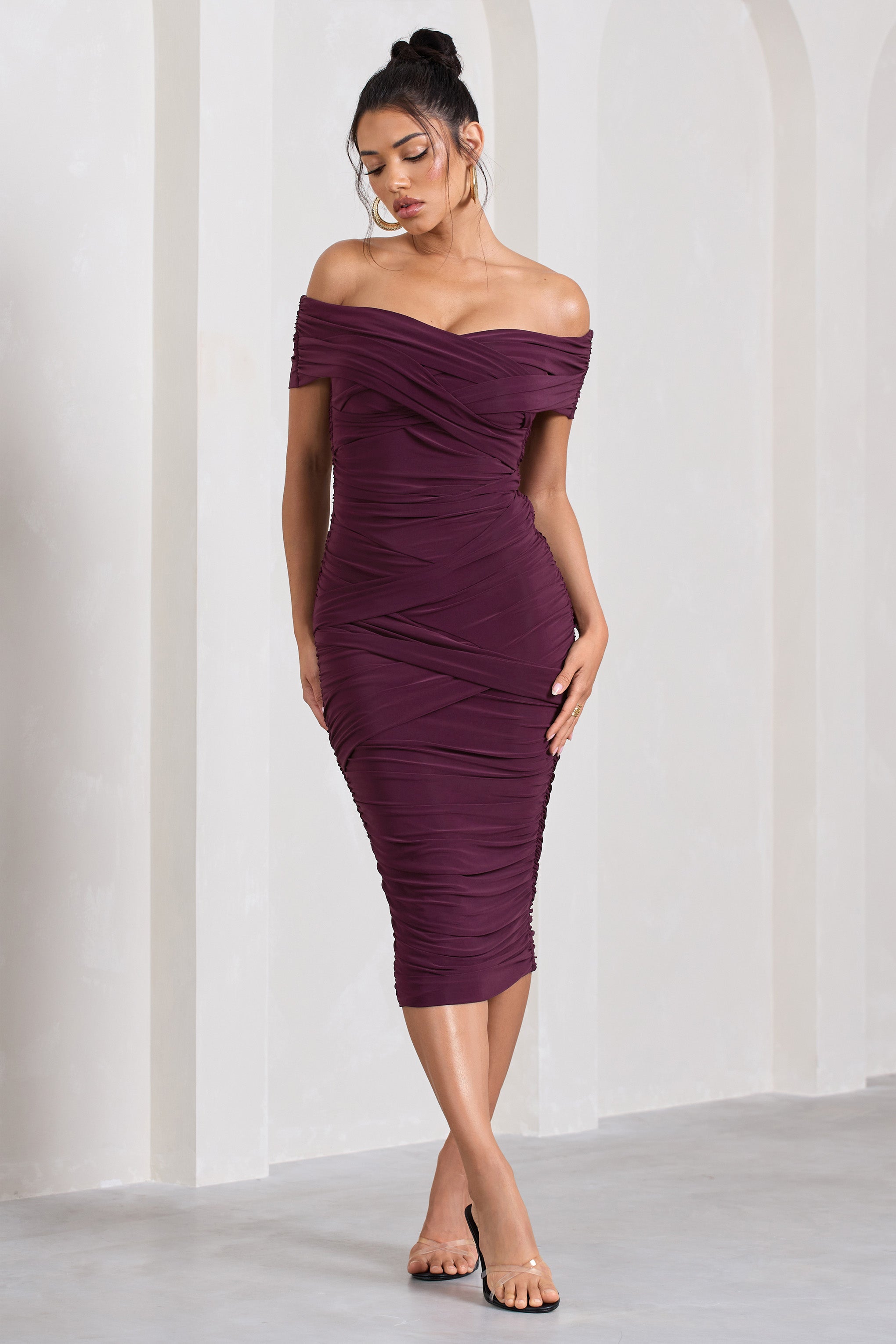 Amanda Cherry Twisted Wrap Bardot Midi Dress