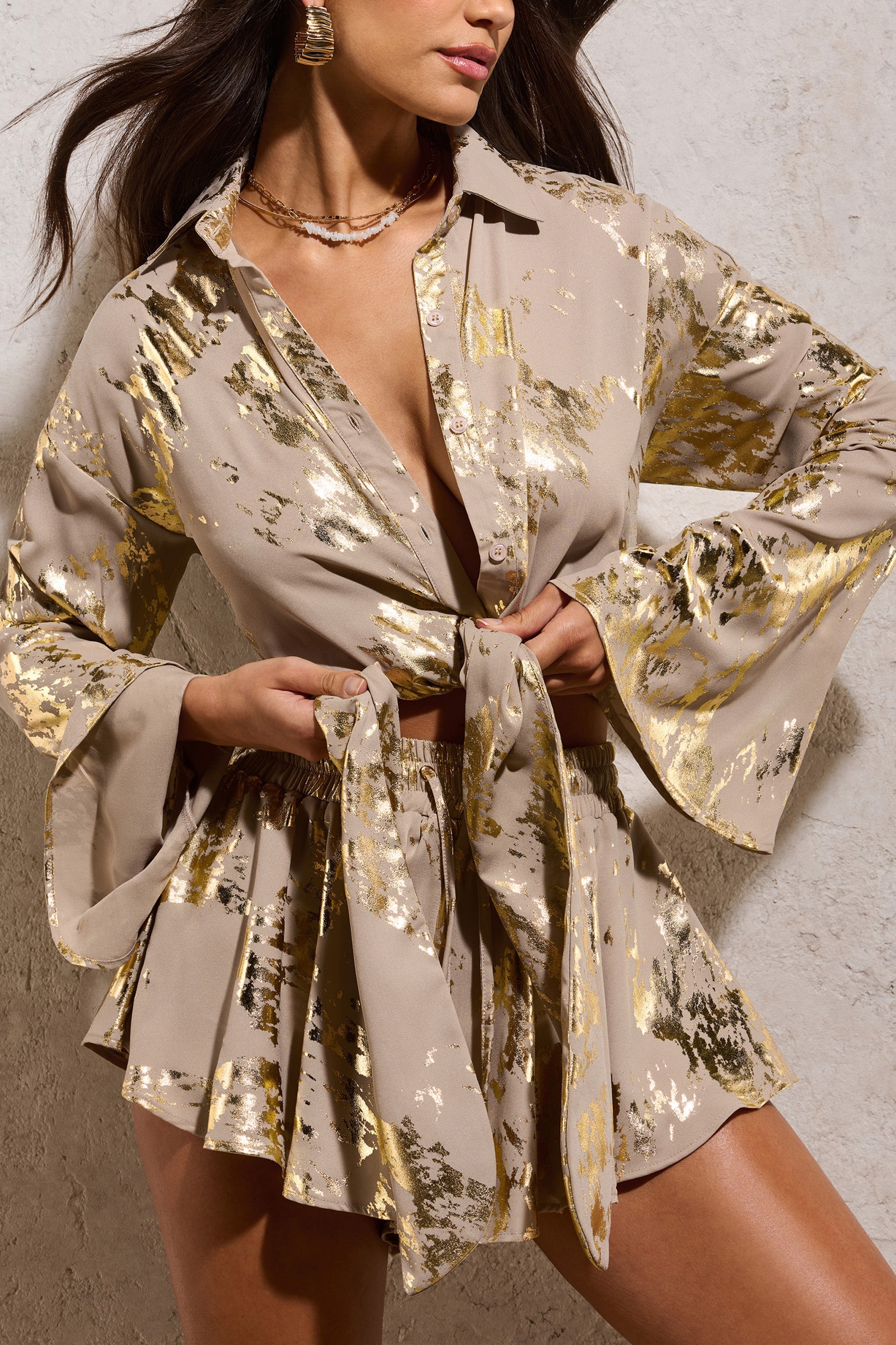 Arise Gold Metallic Flared-Sleeve Cropped Shirt