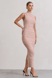 Jaded Champagne Bodycon Ruched High-Neck Open-Back Maxi Dress