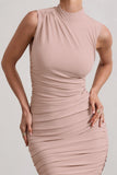 Jaded Champagne Bodycon Ruched High-Neck Open-Back Maxi Dress