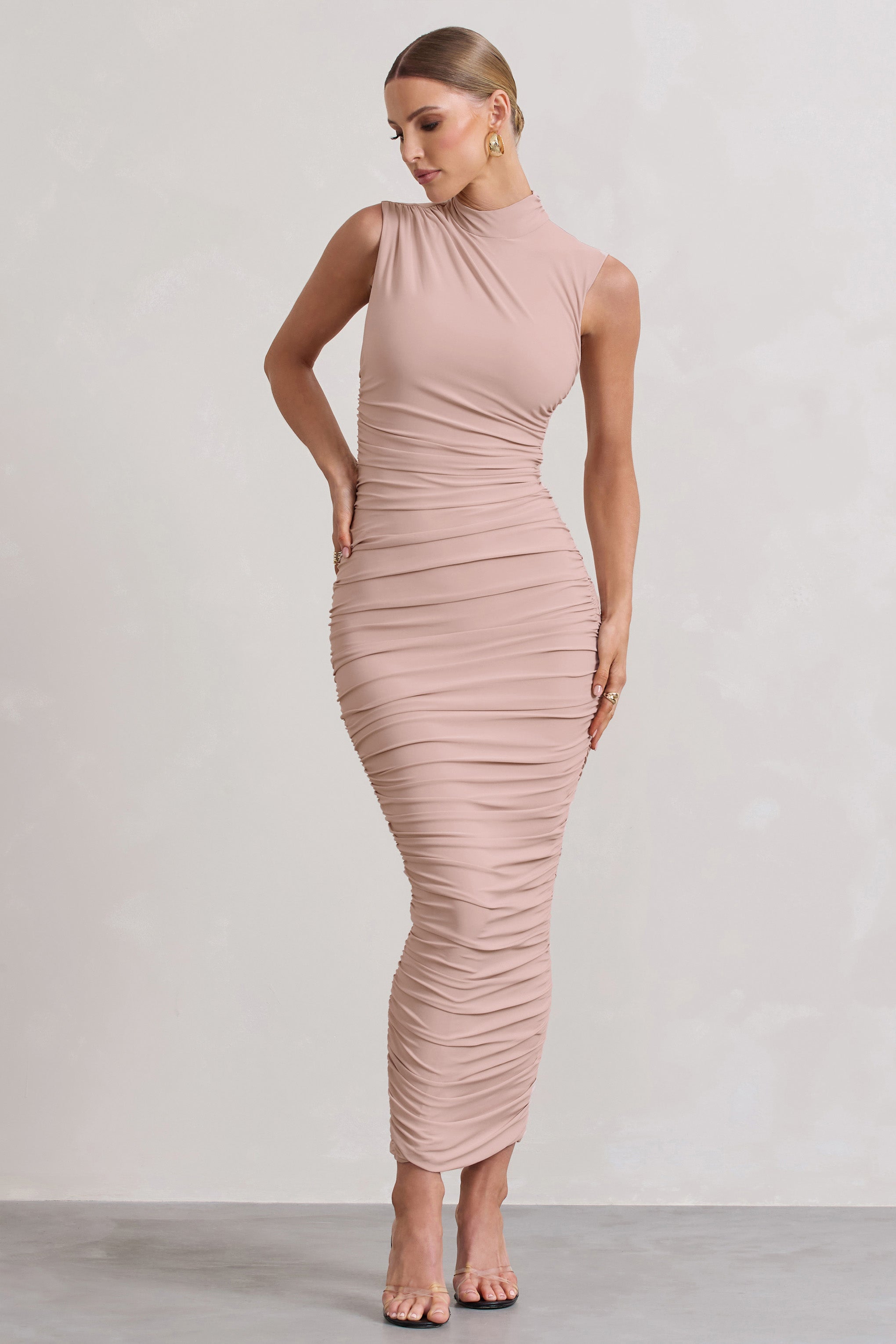 Jaded Champagne Bodycon Ruched High-Neck Open-Back Maxi Dress