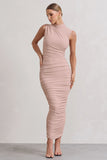 Jaded Champagne Bodycon Ruched High-Neck Open-Back Maxi Dress