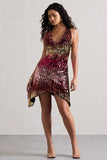 Fiesta Pink & Gold Sequin Plunge Cowl-Neck Mini Dress
