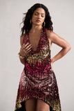 Fiesta Pink & Gold Sequin Plunge Cowl-Neck Mini Dress