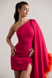 Lyrika Dark Pink Asymmetric Cape Sleeve Mini Dress With Feathers