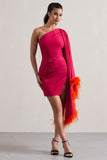Lyrika Dark Pink Asymmetric Cape Sleeve Mini Dress With Feathers