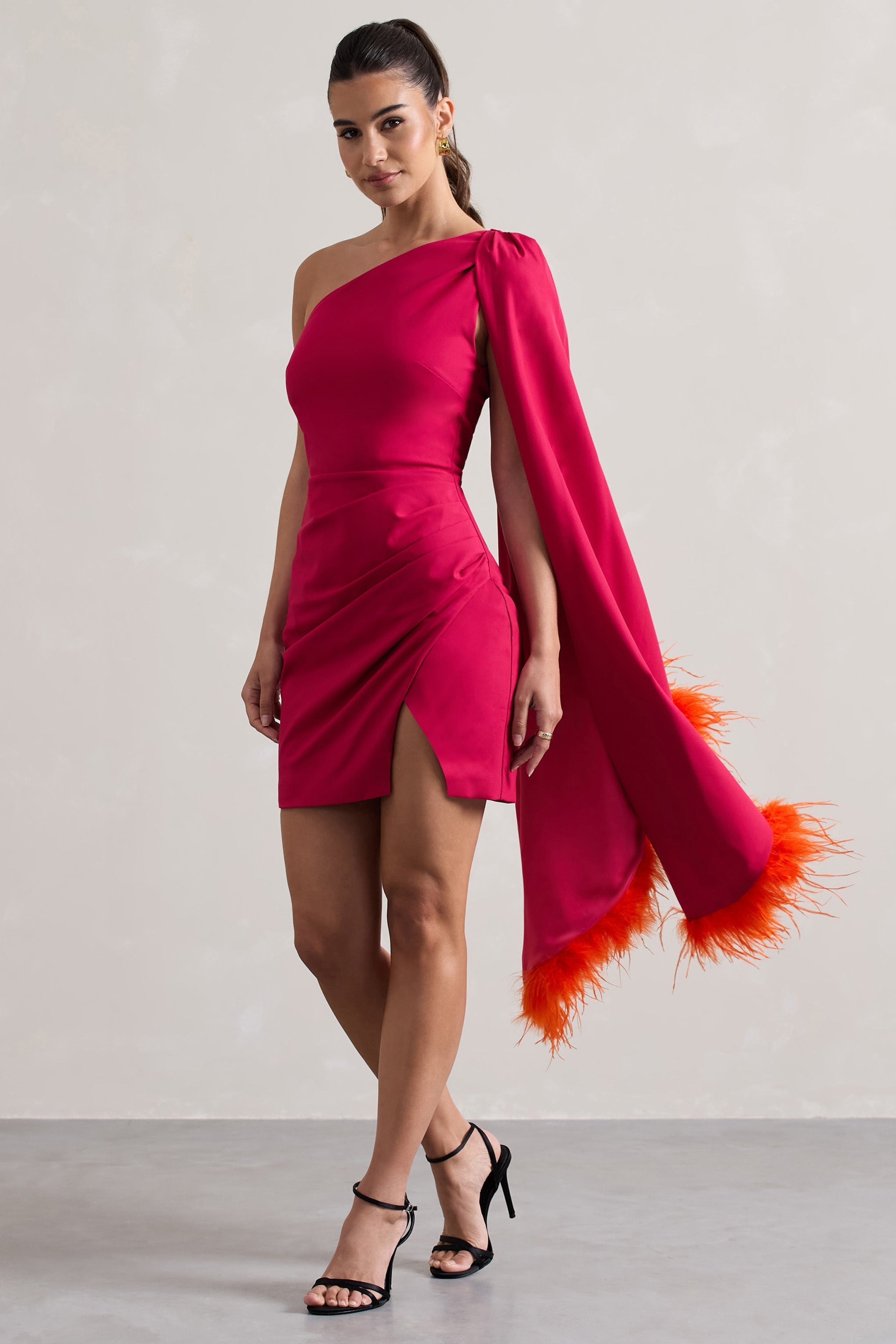 Lyrika Dark Pink Asymmetric Cape Sleeve Mini Dress With Feathers