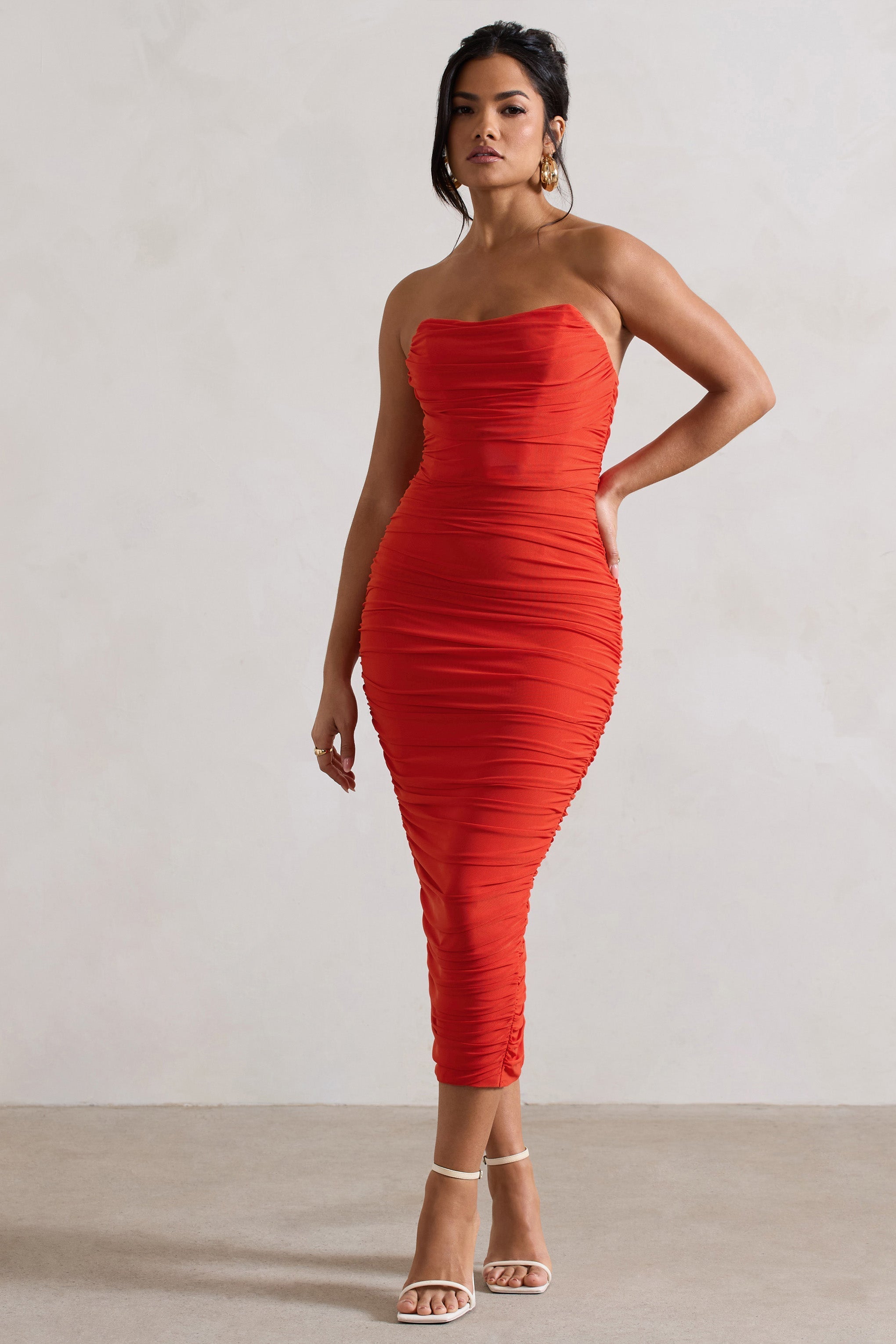 Nylah Orange Ruched Corset Bodycon Midi Dress