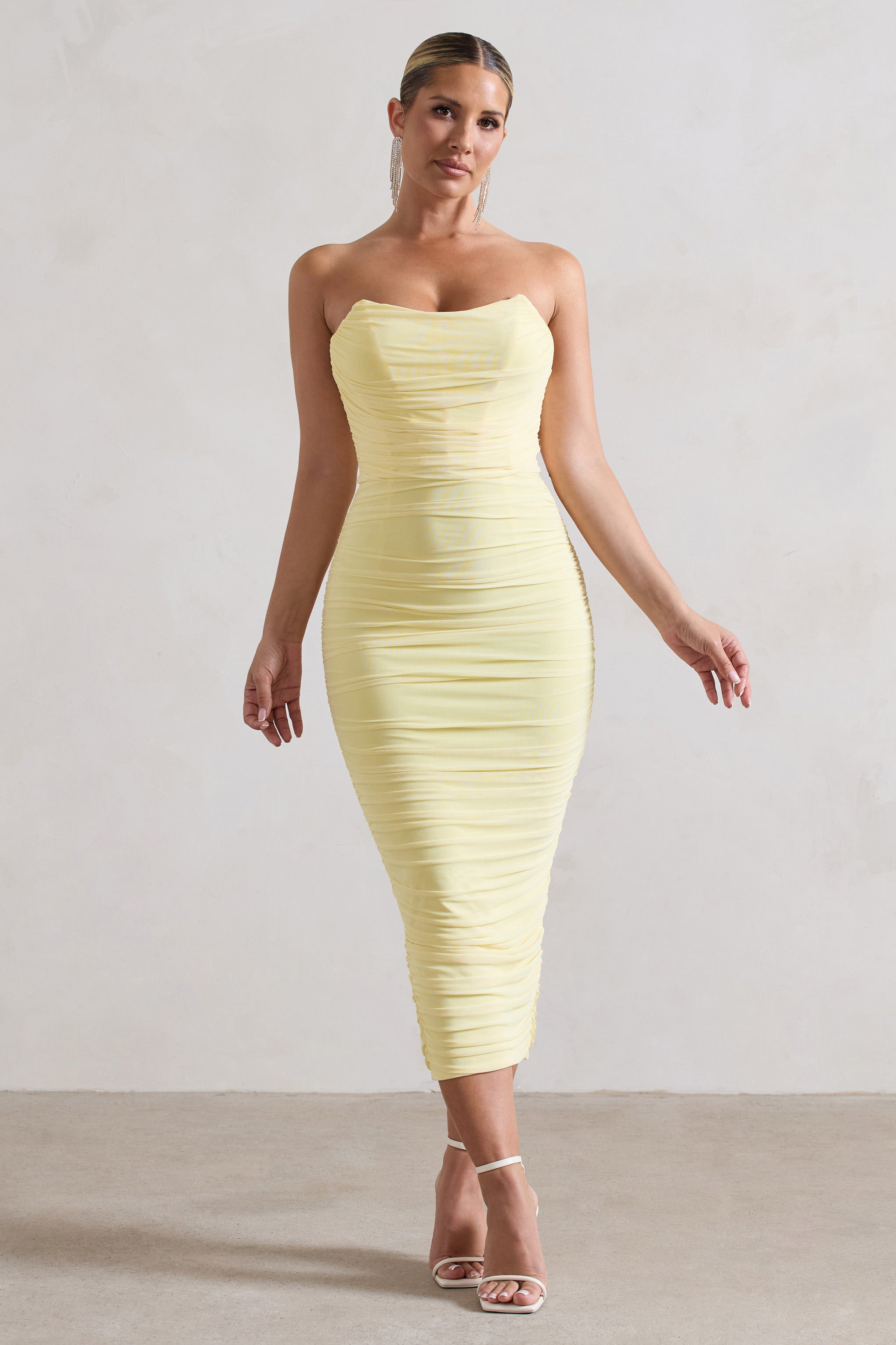 Nylah Lemon Ruched Corset Bodycon Midi Dress