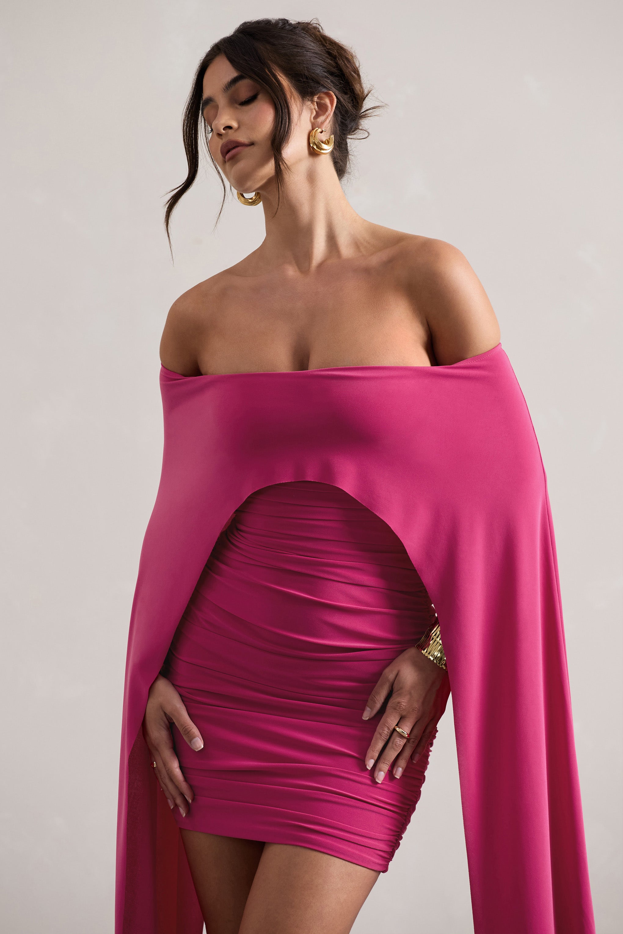 Disco Dark Pink Bardot Cape Sleeve Mini Dress