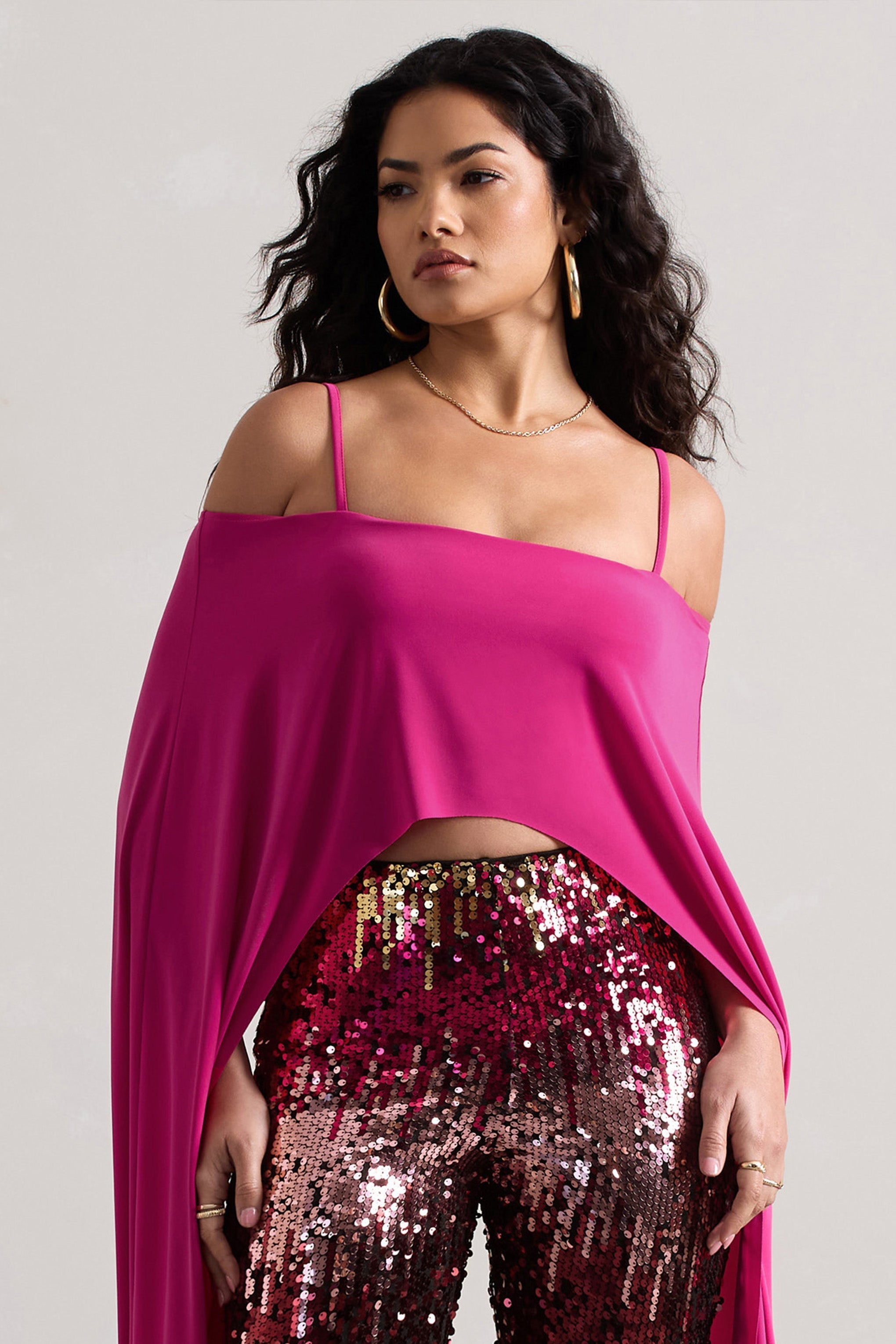 Floyd Dark Pink Bardot Cape Sleeve Crop Top
