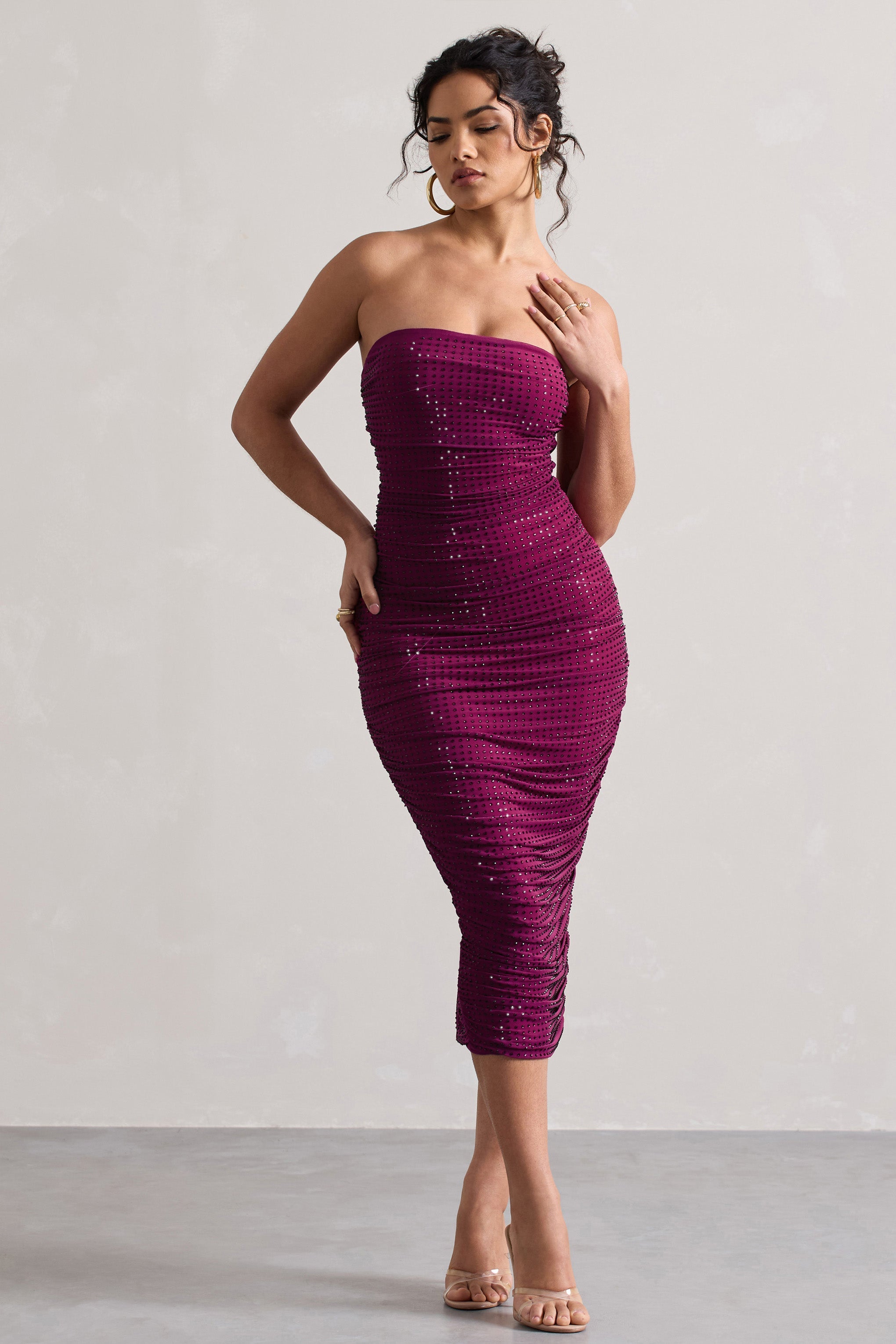 Astro Dark Pink Embellished Bandeau Midi Dress