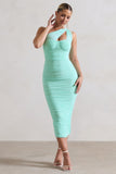 Bellini Mint Asymmetric Ruched Midi Dress