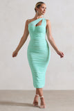 Bellini Mint Asymmetric Ruched Midi Dress