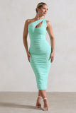 Bellini Mint Asymmetric Ruched Midi Dress