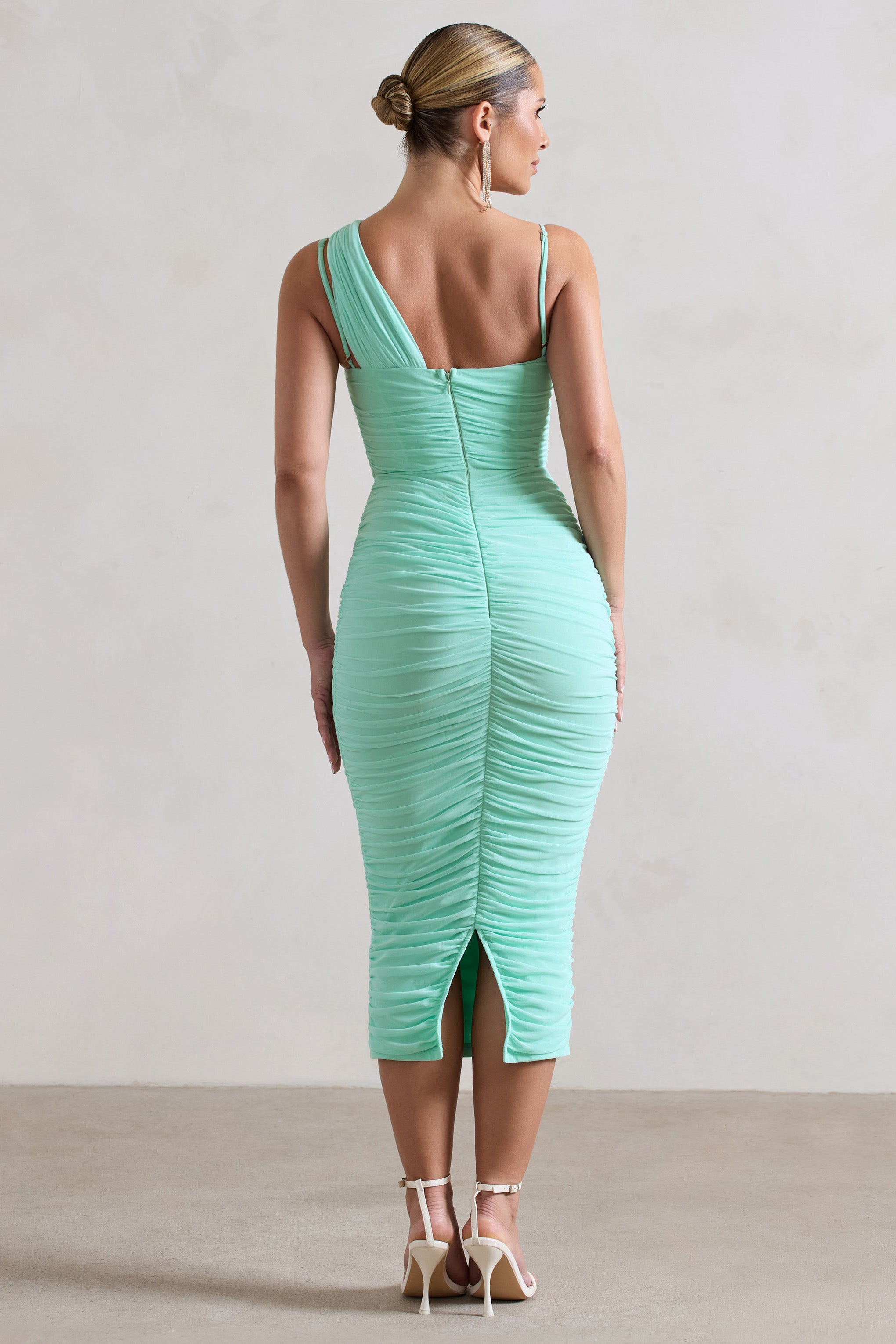 Bellini Mint Asymmetric Ruched Midi Dress