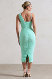 Bellini Mint Asymmetric Ruched Midi Dress