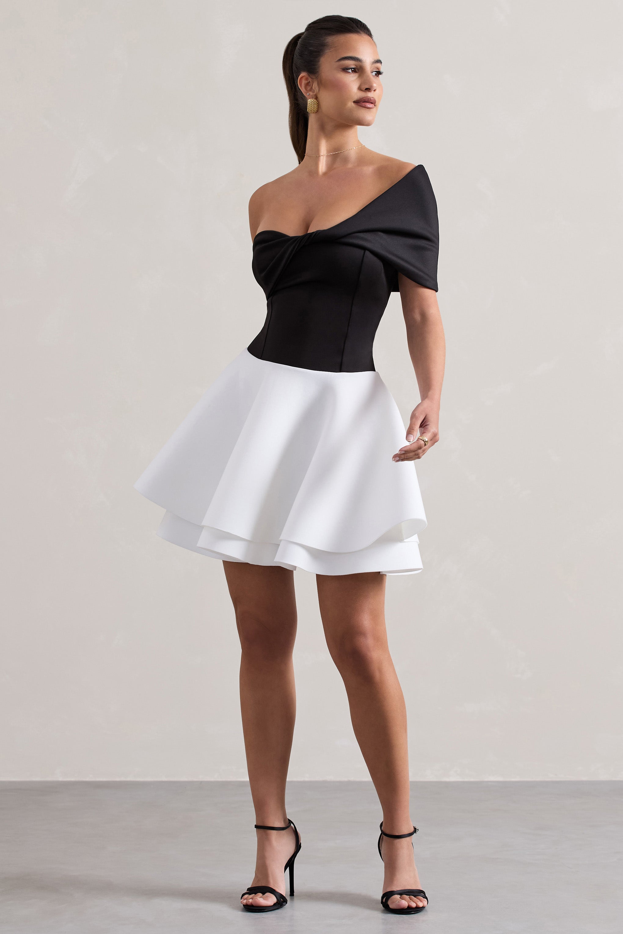 Effie Black & White Twisted Bardot Skater Mini Dress